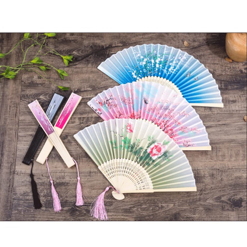 Abanicos plegables para mujer, abanicos de mano plegables para mujer, abanicos de mano plegables florales con manga de tela, abanicos chinos japoneses vintage de seda de bambú para baile, abanico