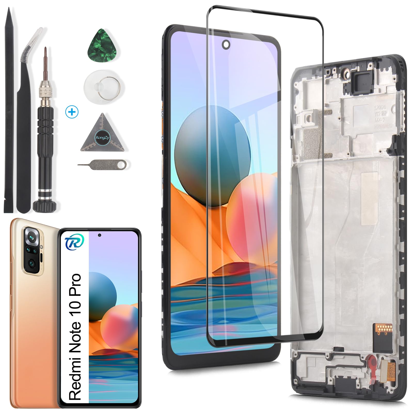 RongZy Écran LCD De Remplacement pour 6.67" Xiaomi Redmi Note 10 Pro M2101K6G M2101K6R Écran Tactile Digitizer Panneau Assemblé De Réparation avec Outilse(Noir avec Cadre)