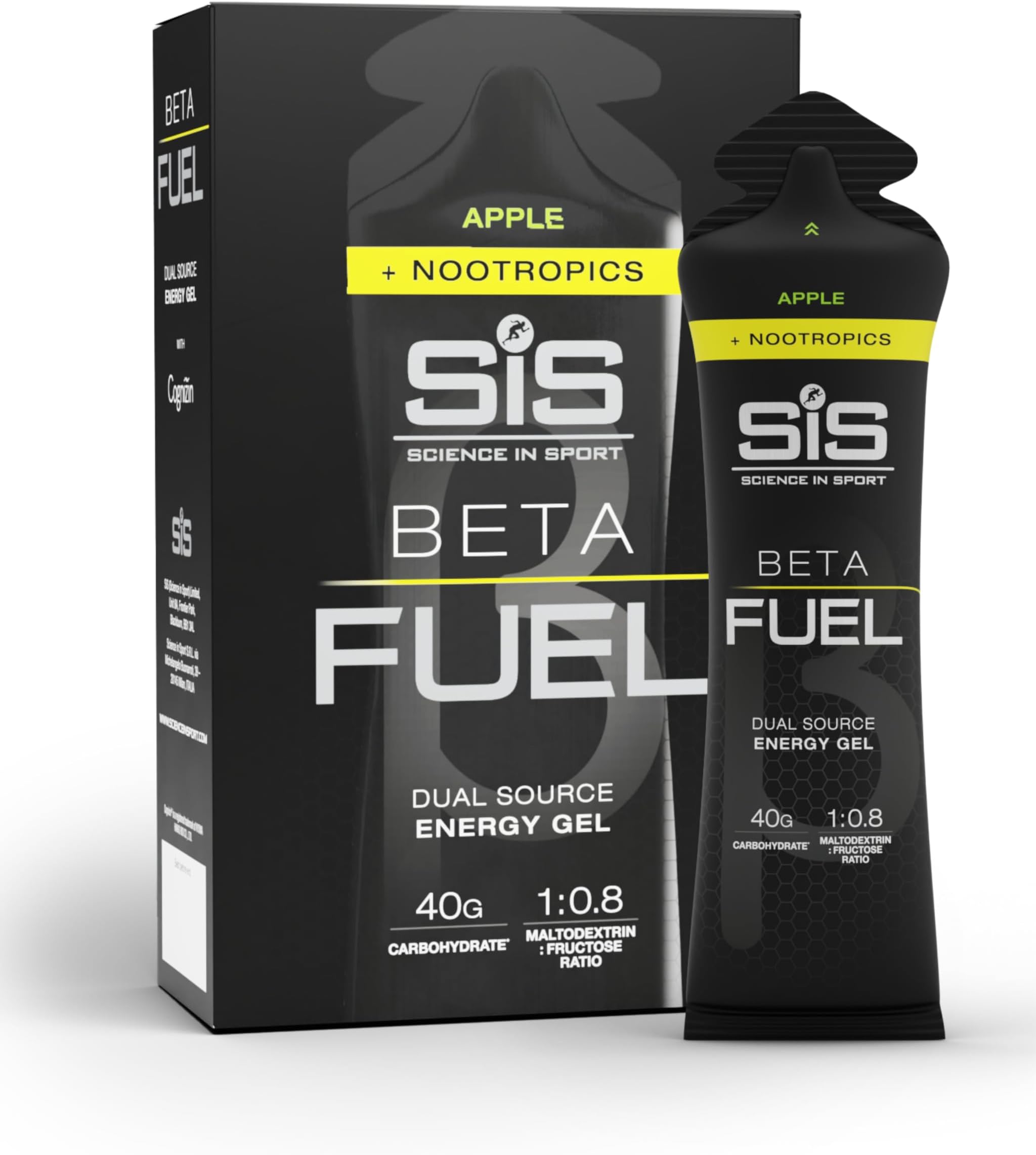 Science in Sport BETA Fuel + Nootropics Gel 6 x 60ml Apple – High-Energy Carbohydrate Gel with 40g of carbohydrates, Energy Gel for Endurance Athletes