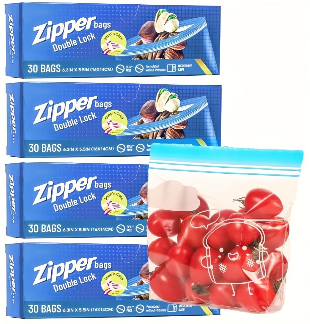 Kaheign Small 120Pcs Food Storage Freezer Bags, Double Seal Zip Lock Bags Reusable Sandwich Bags Heavy Duty Widen Bottom Food Bags For Fruits Veggies Meat Soups Snacks (Blue, 16Cm X 14Cm)