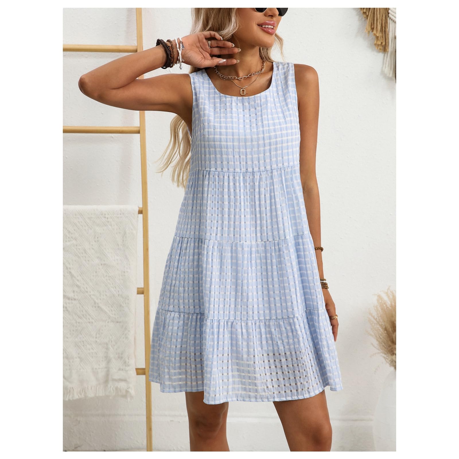 Vestito Abito Estivo Scozzese Senza Maniche Ampio, Casual E Fluido da Donna-Bianco-XXL