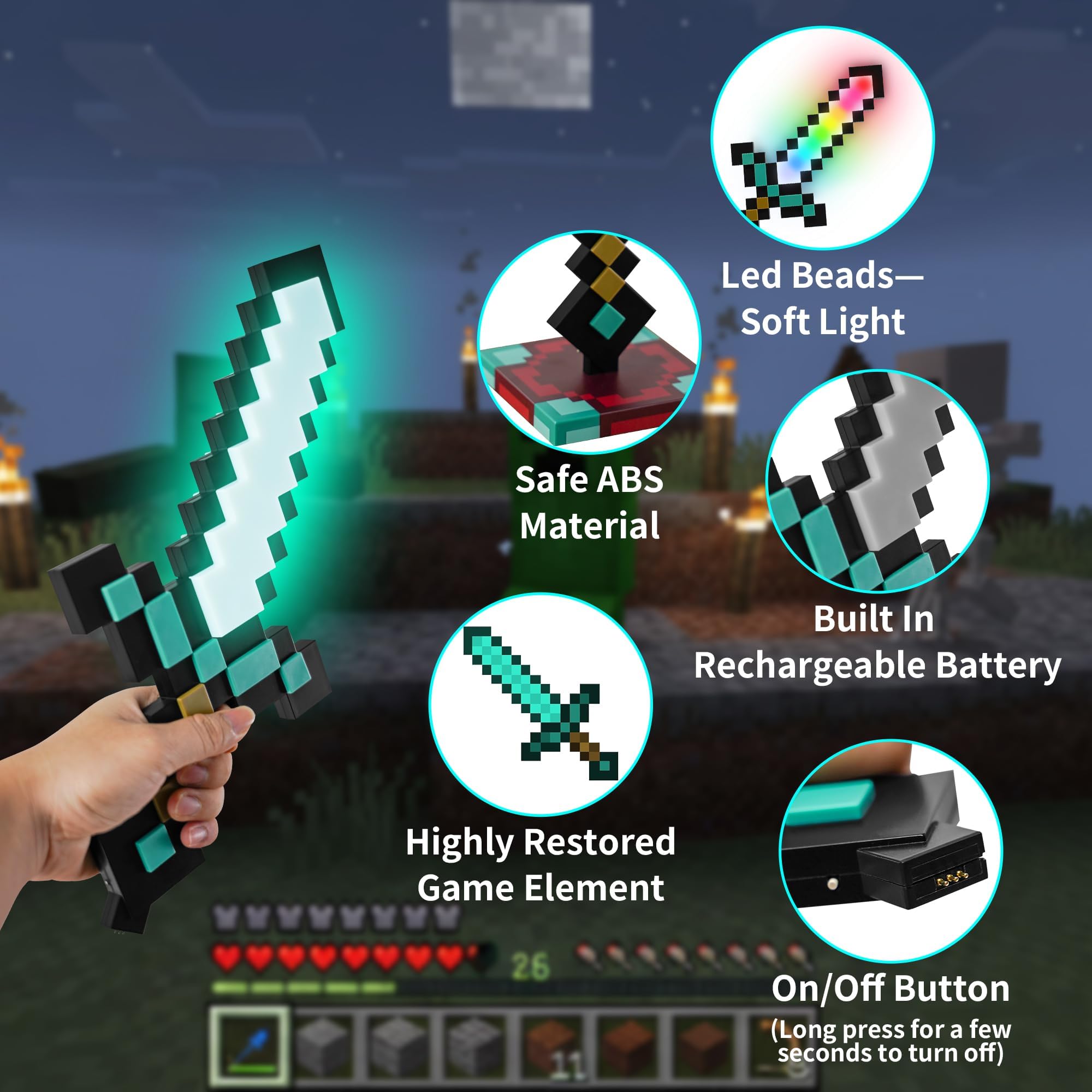 Pixel Diamantschwert Nachtlicht – LED Schwert Nachtlampe mit 16 Farben – Per USB aufladbare LED-Nachtlampe – Dekorationslampe für Kinderzimmer & Schreibtisch – Geschenk für Kinder & Gaming-Zimmer-Deko