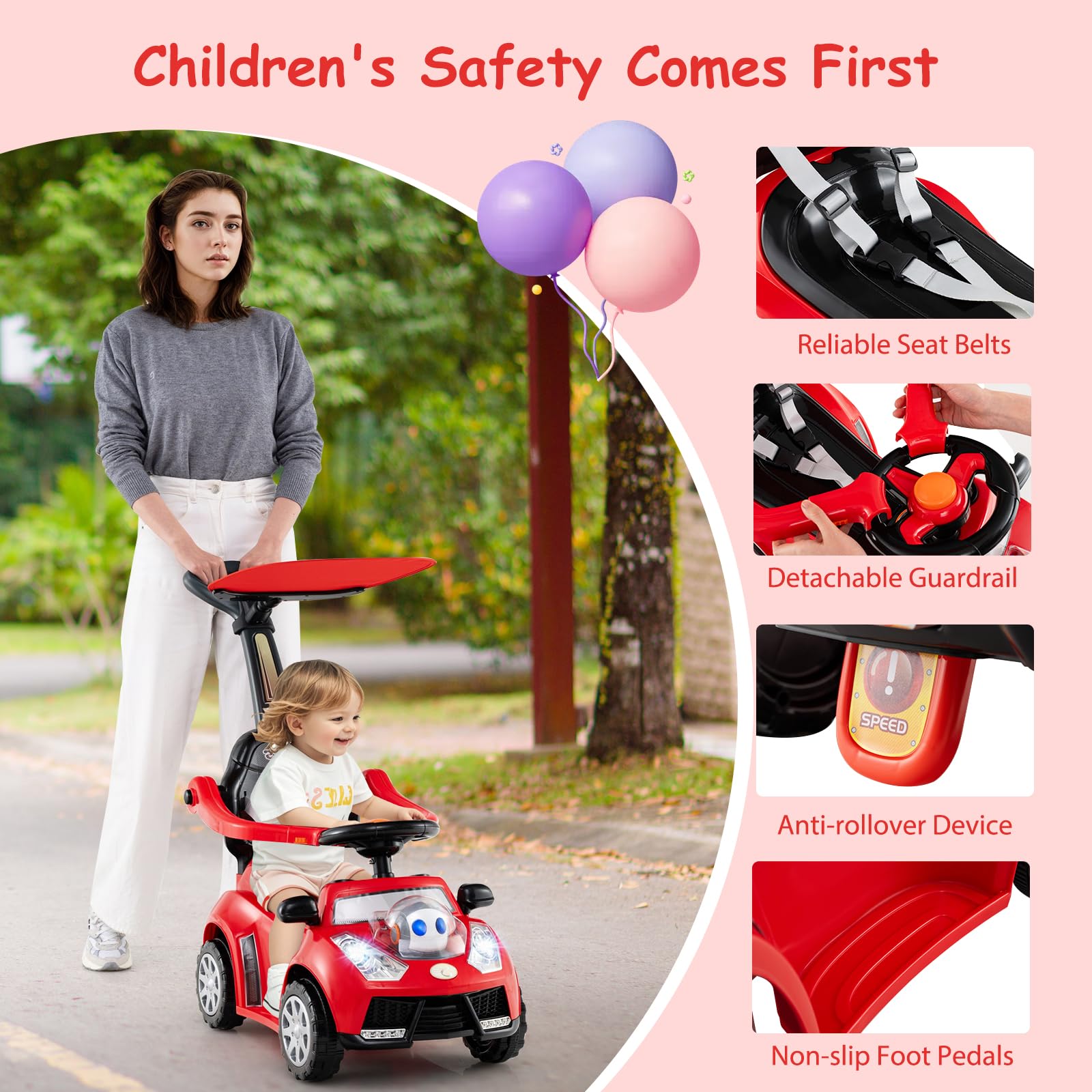 SOARS Macchina Cavalcabile per Bambini 1-3 Anni, Cavalcabile Bambino 3 in 1, Carpot & Maniglia Rimovibili, Guida Realistica con Volante, Clacson, Musica, Carico 25 KG, Regalo Ragazza Ragazzo (Rosso)