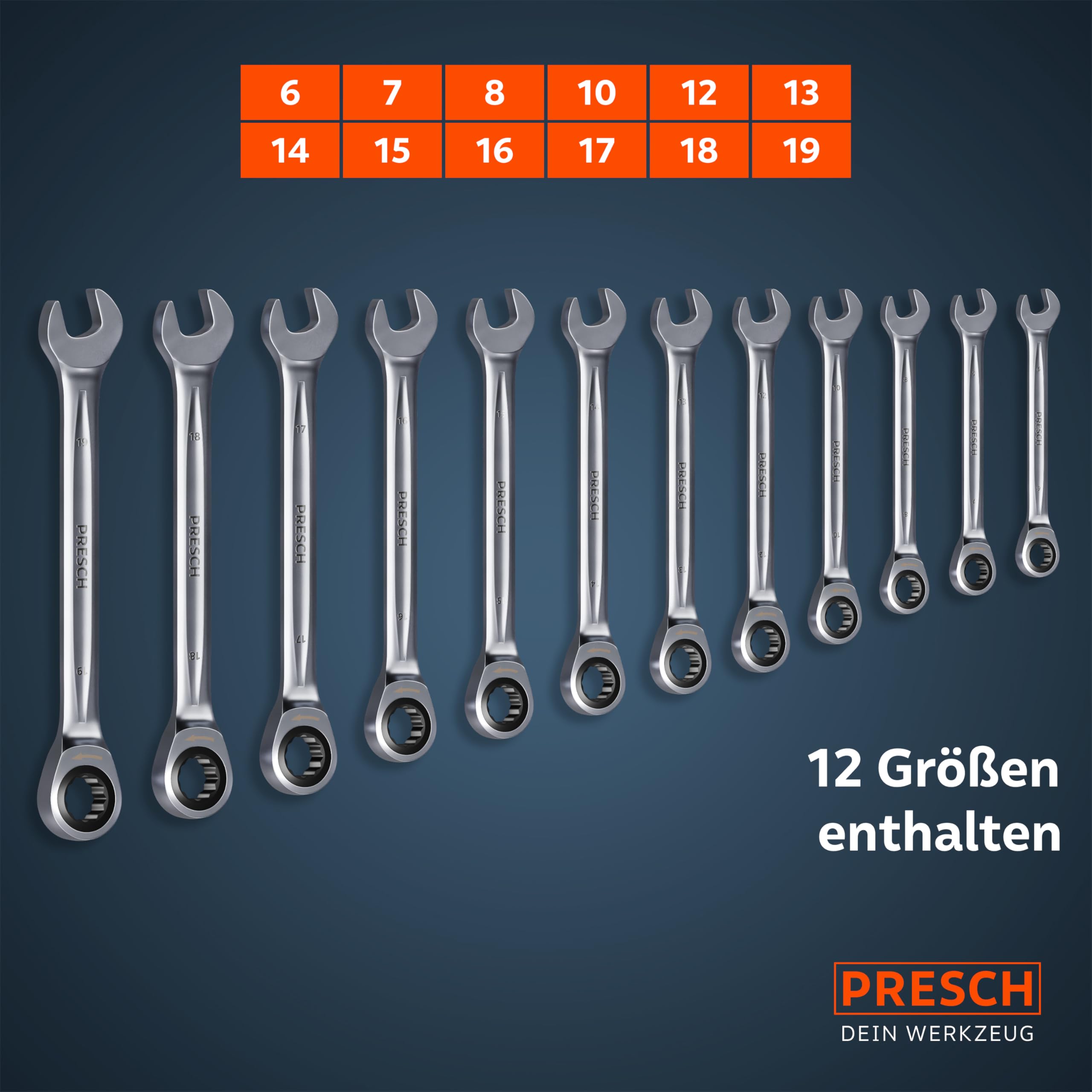PRESCH Ratschenschlüssel Set 12tlg. (6-19mm) inkl. Tasche - Minimaler Rückholwinkel (Bis zu 4°, 90 Zähne) - Robuste, präzisionsgefertigte Ringratschenschlüssel
