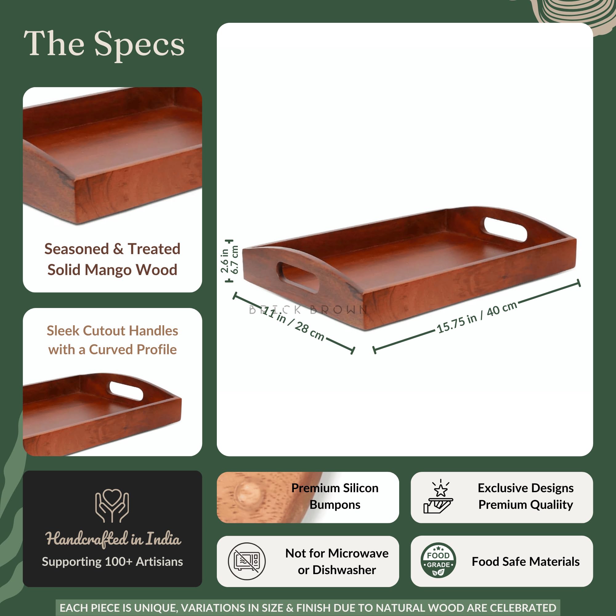 Brick Brown ® Bandeja de madera de alta calidad hecha a mano para servir | Bandeja de té para servir | Bandeja para mesa de comedor, acabado rectangular de caoba (juego de 2)