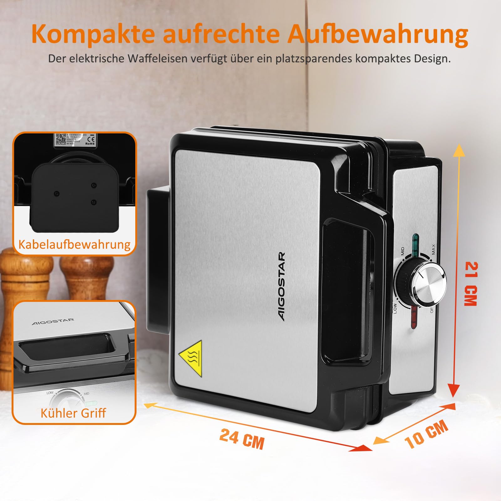 Aigostar Waffeleisen für 2 belgische Waffeln, 1600W, Antihaftbeschichtung, 20,2x17,2x2 cm, Waffelautomat mit einstellbarer Temperatur, LED-Anzeige, kompaktes Edelstahl-Design, BPA und PFOA frei