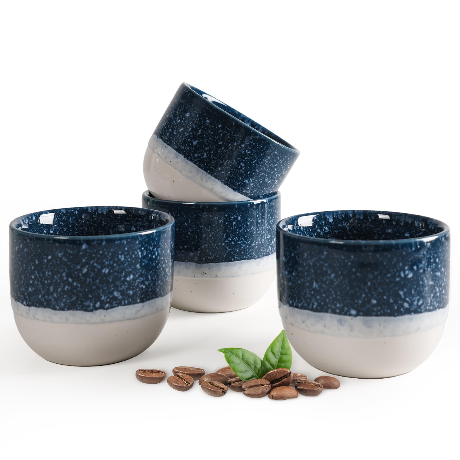 Autumnlife Lot De 4 Tasses à Expresso Porcelaine 120ml - Bleu Beige, Paroi Épaisse Sans Anse, Idéales Café Moka Thé, Cadeau Parfait