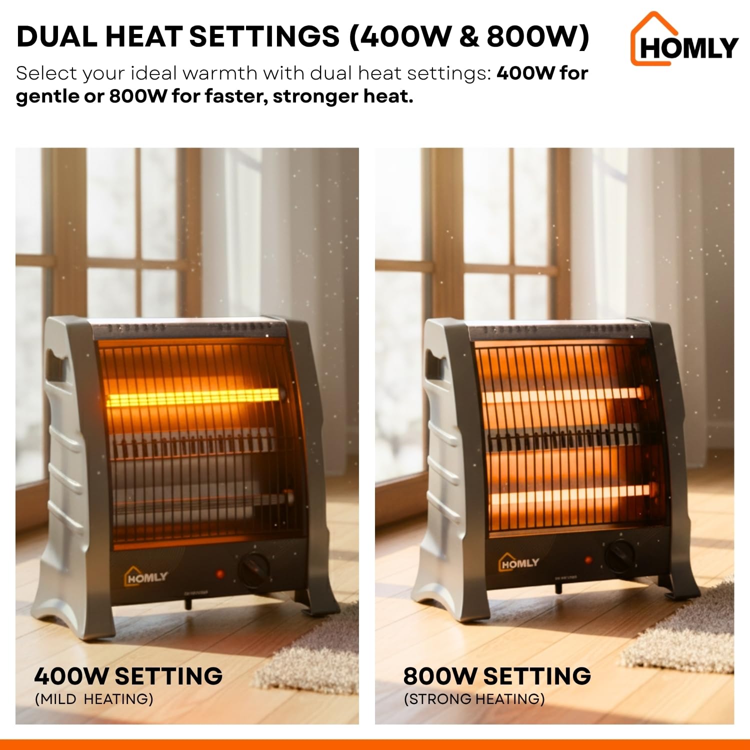 Homly Ritz 800 Watts Quartz Room Heater with Dual Heating Tubes | Dual Heating Settings For 400W & 800 W | Tip-over Protection|Cool Touch Shockproof Body with High Thermal Protection - Grey 3