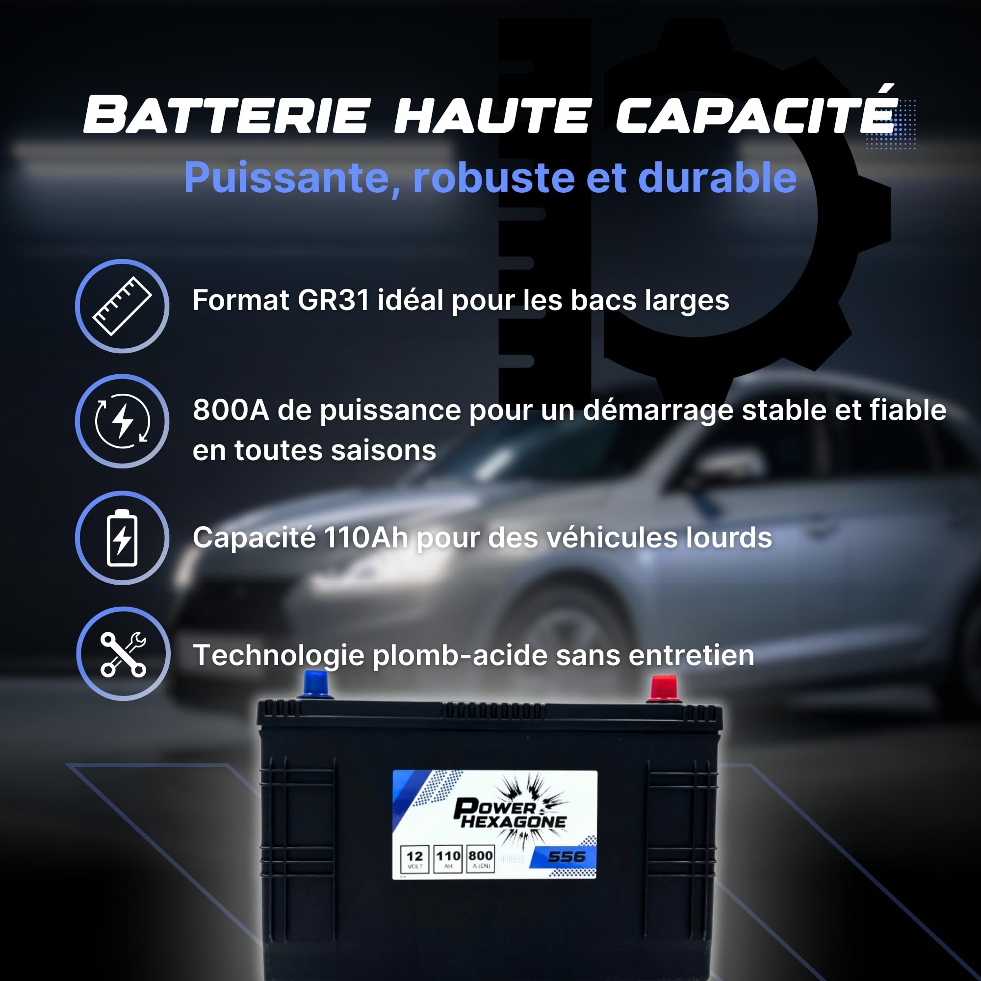 Batterie 12V 110Ah LOT7 - Démarrage 800A - Batterie Poids Lourd Sans Entretien - Format LOT7 Compatible Camion, Tracteur, Engin de Chantier - Remplacement Origine - Power Hexagone