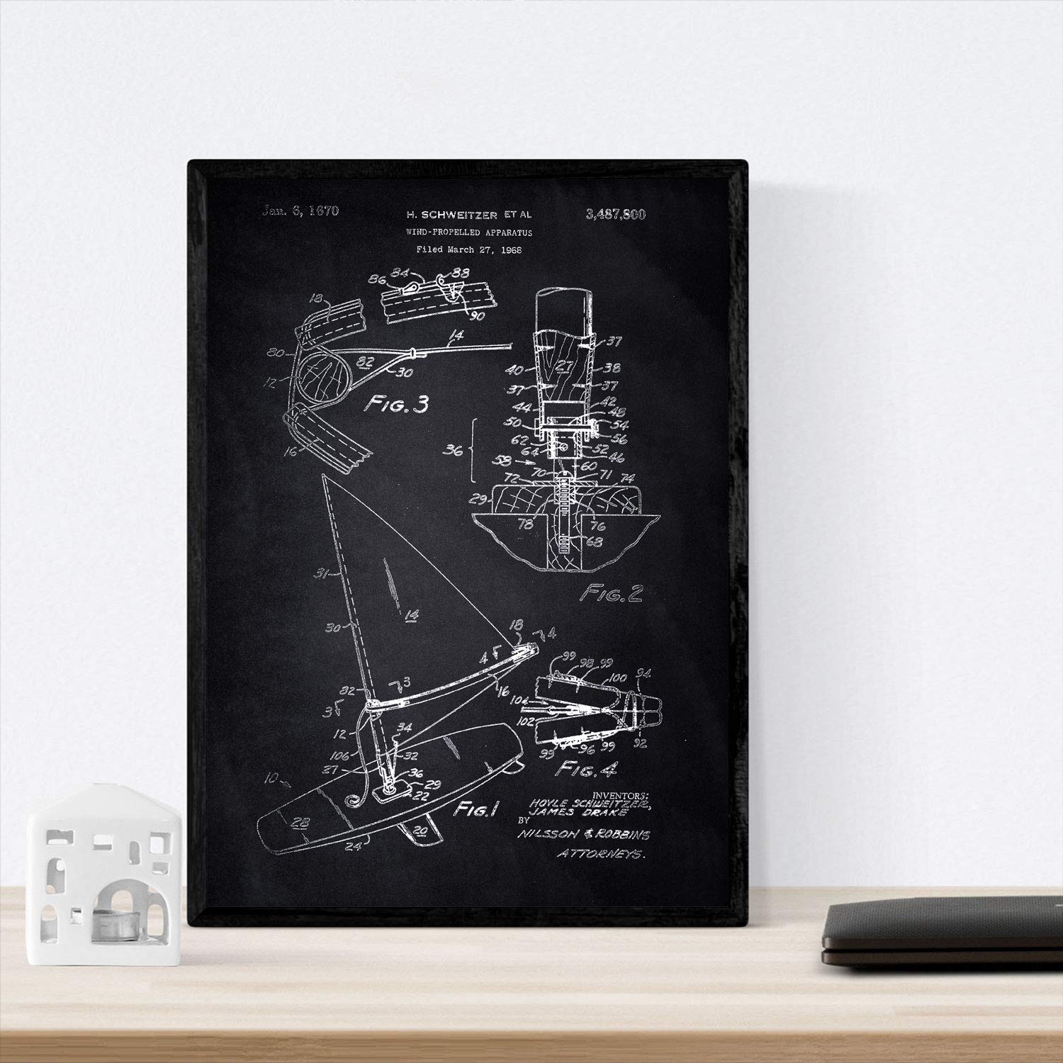 Poster Nacnic Brevetto Windsurf - Formato A3, Sfondo Nero, Carta Antalis 250gr