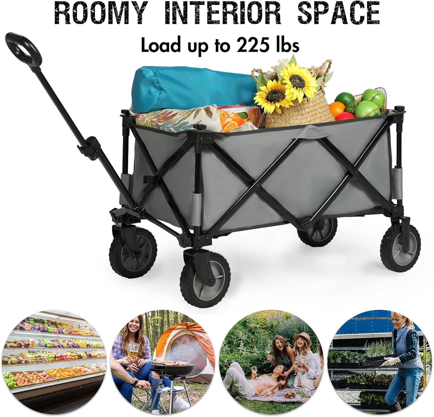 PORTAL wagon cart with various items, illustrating roomy interior space and 225 lbs capacity
