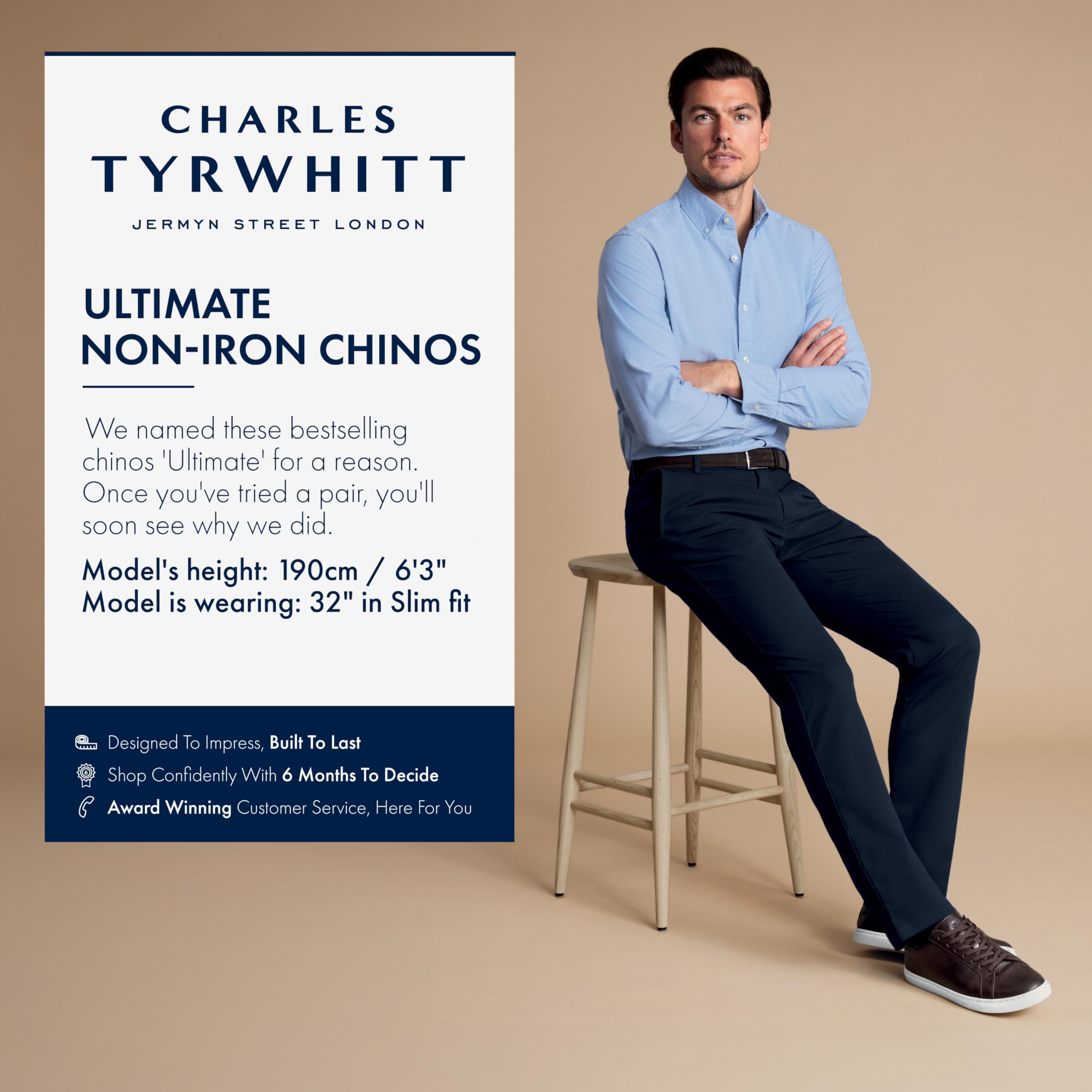 Charles Tyrwhitt Men's Chino Trousers - Ultimate Non-Iron Stretch Chinos for Men - Slim Fit - Smart Casual Cotton Chinos for Work, Travel & Everyday Wear