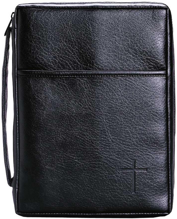Soft Black Embossed Cross with Front Pocket Leather Look Bible Cover with Handle, Large