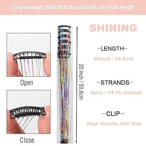 Miniatura 9 de Extensiones de seda holográficas de 47 pulgadas de oropel dorado brillante profesional resistente al calor, accesorios para el cabello para niñas,