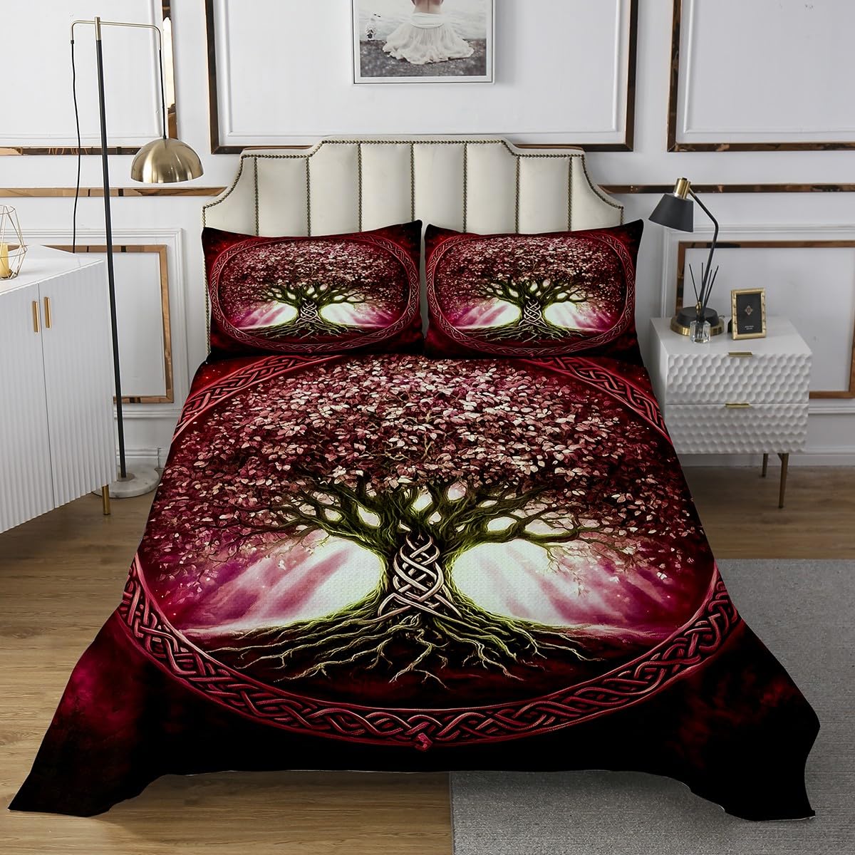 Castle Fairy Tree of Life Bedspread Twin Size Bedding for Kids Teens Bedroom Red Artwork Geometry Decor Coverlet Set Exotic Style Bohemian Tree Paint Quilt Set for All Season,2 Pcs with 1 Pillowcase