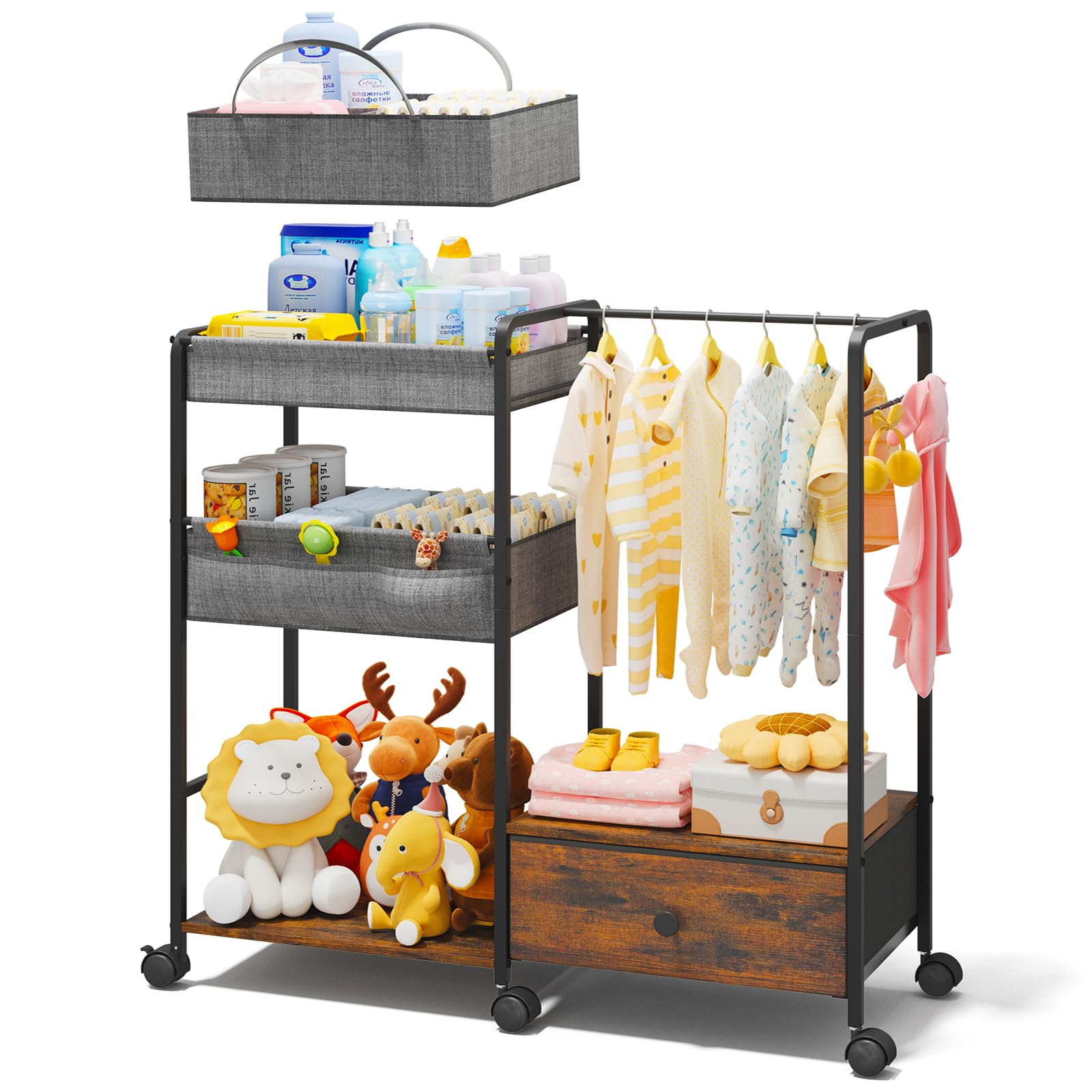BBLIKE 3in1 Diaper Caddy Organizer - Diaper Caddy & Rolling Diaper Cart with Kids Clothing Rack for Nursery and Baby Essentials, Multi-Function Utility Cart for Bedroom and Bathroom, Black&Brown