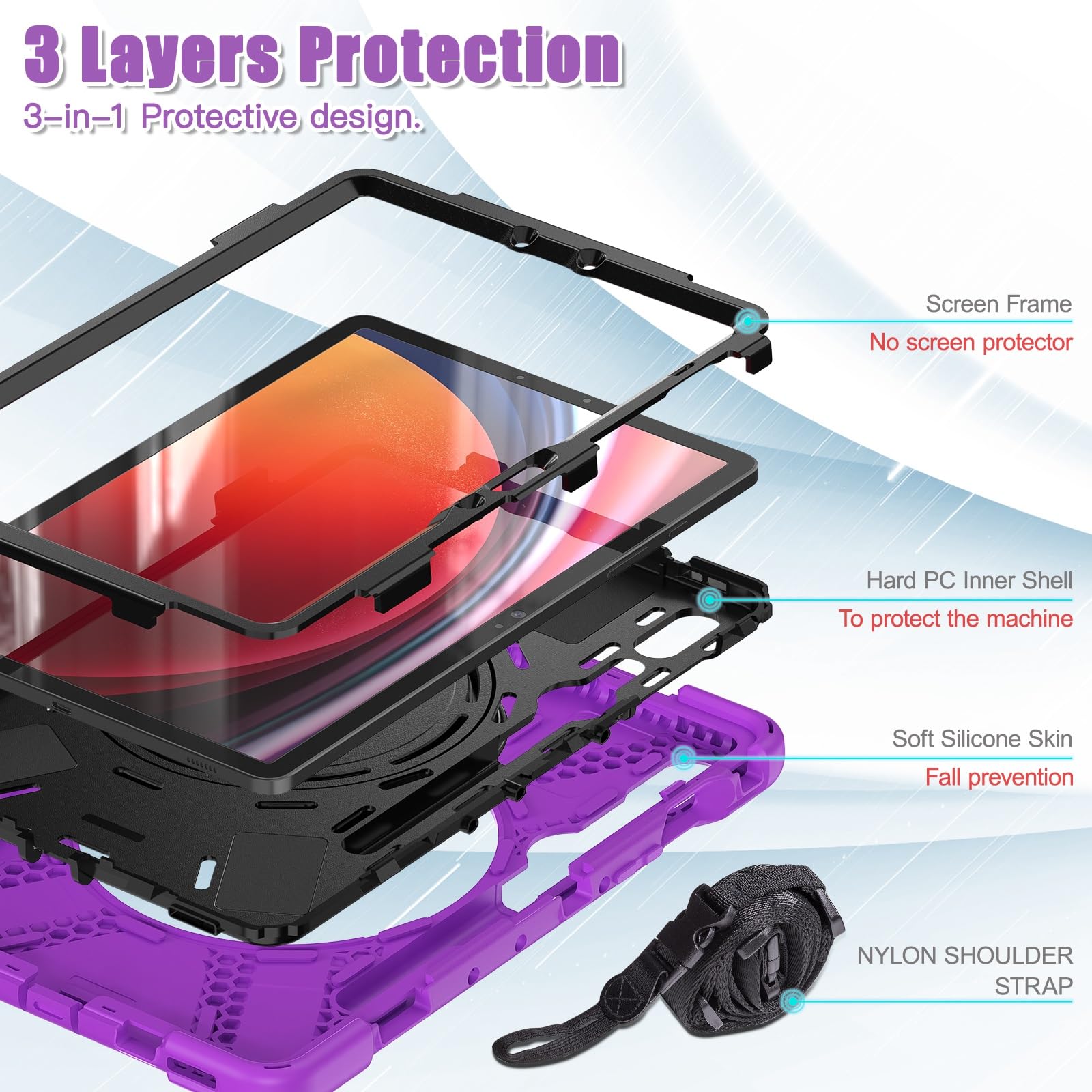 Custodia protettiva per tablet PC antiurto resistente TPU custodia compatibile con Samsung Galaxy Tab S9 11 pollici 2023 X710/X716B/X718U, maniglia cavalletto rotante tracolla, custodia protettiva a