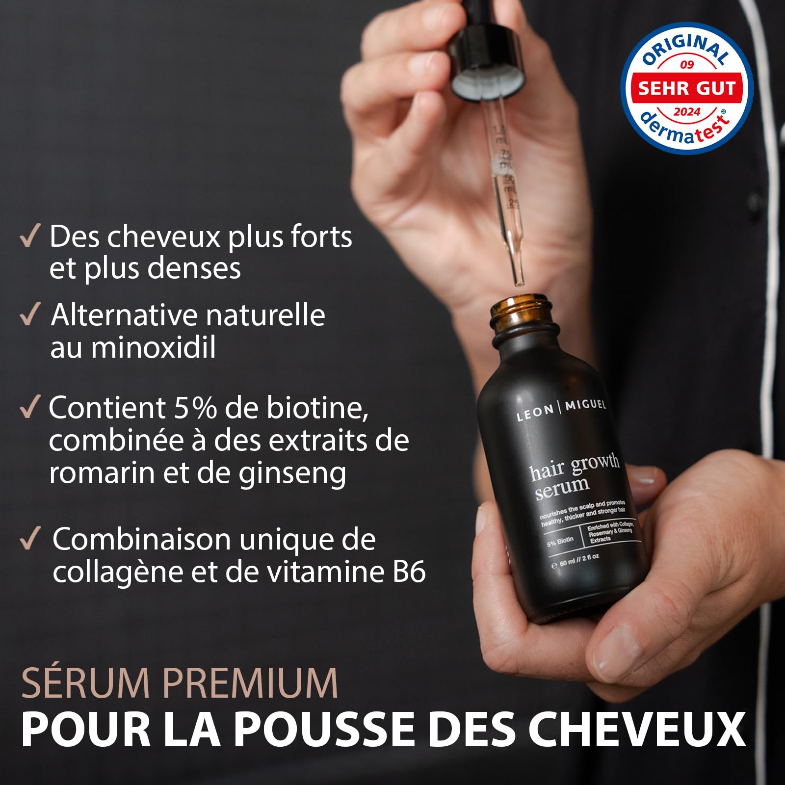 Leon Miguel Sérum de Croissance des Cheveux - Biotine 5% et Ginseng pour Une Croissance Rapide - Empêche la Chute, Cheveux Plus Forts et Plus Épais, Sérum Anti-Chute pour Hommes