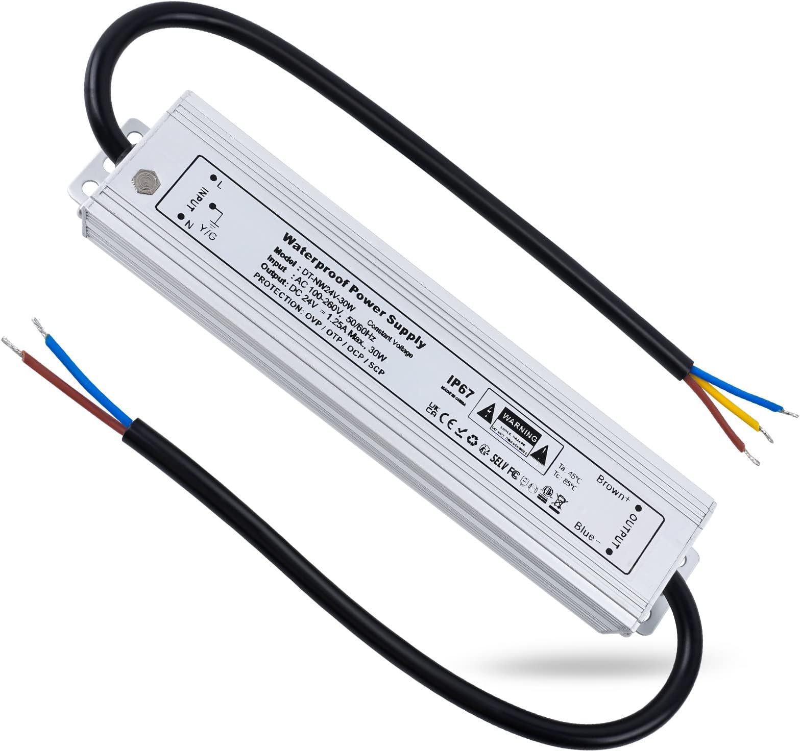 LED Driver 24V 30W, IP67 Waterproof Outdoor Lighting Transformer, 1.25A Constant Voltage Power Supply, 100-260V AC to 24V DC Transformer for Garden LED Strip Lights and Shed Light