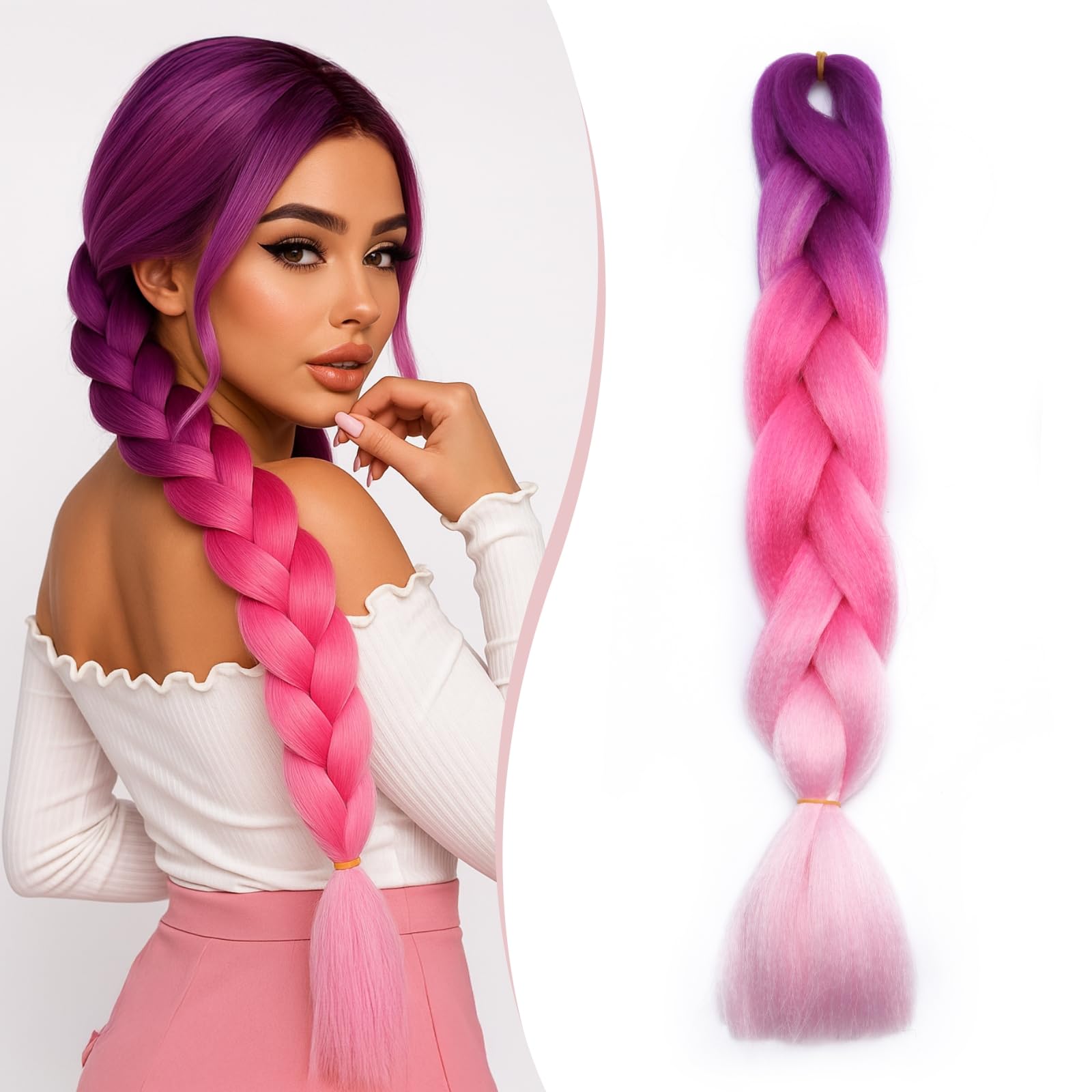SEGO Pro Braiding Hair Extensions 24 Inch Yaki Synthetic Jumbo Box Braid Hair for Crochet Twist Braids for Women Pack of 1 (Purple to Peach Pink to Pink)