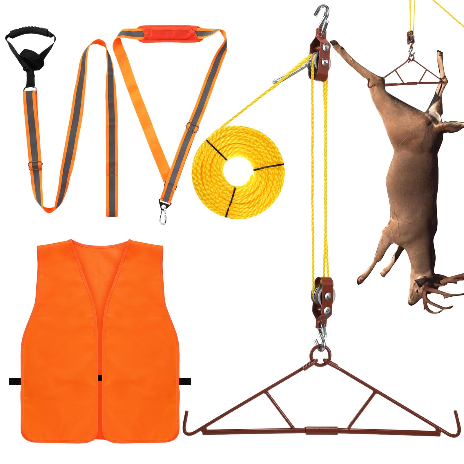 Deer Hanger, Game Hoist Gambrel, Max to 700 Lbs Capacity, with Deer Drag Harness Hunting Gear and Orange Hunting Vest for Deer Carcass Butcher Deer Hunting Accessories
