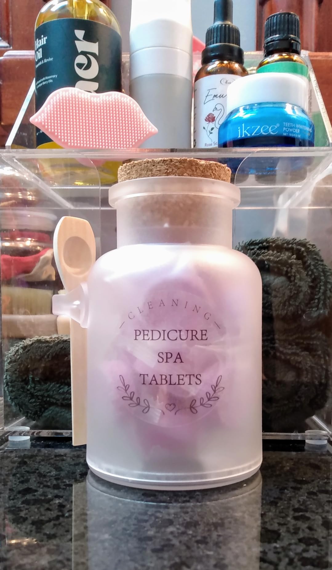 DOSTATNI Pedicure Foot Spa Tablets 10 Oz Plastic Bath Salts Jar Foot Soak Tablets Manicure Soak Balls Softens Skin Botanicals Lavender Essential Oil Fast Dissolving Pedicure Supplies