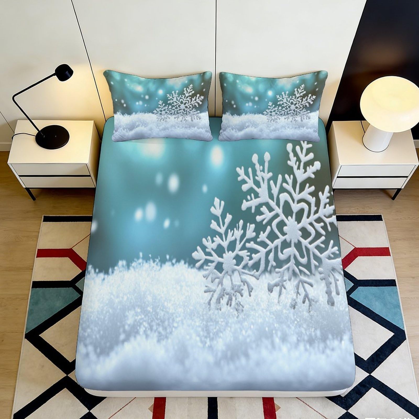 3D Printed Snowflake Winter Blue Fitted Sheet Microfiber Soft Mattress Cover for Bedroom Guest Room Decor 90x200x25cm