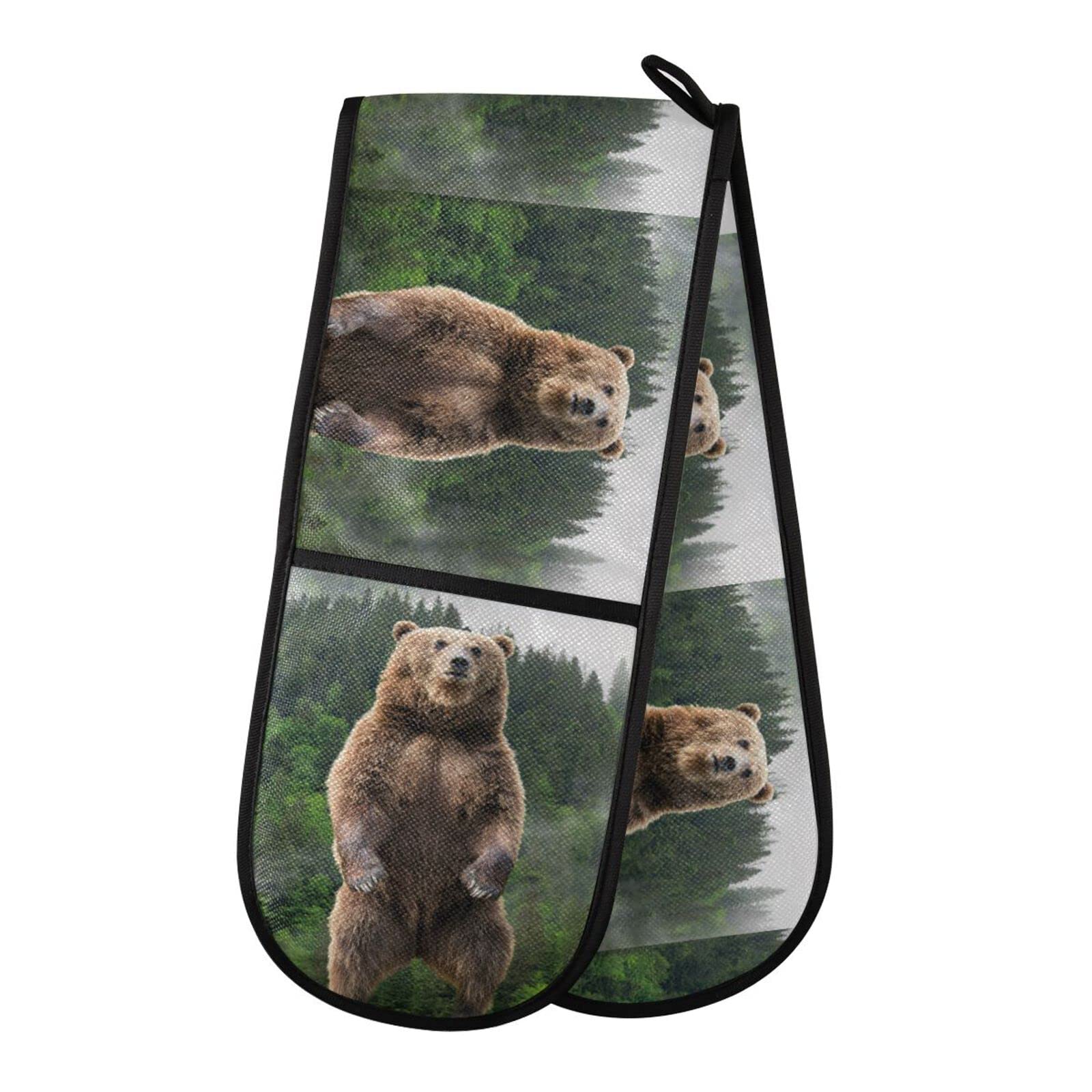 Youjuner Colour 27 Double Oven Glove Brown Bear Heat Resistant Double Ovens Mitt Modern Cooking Gloves Potholders