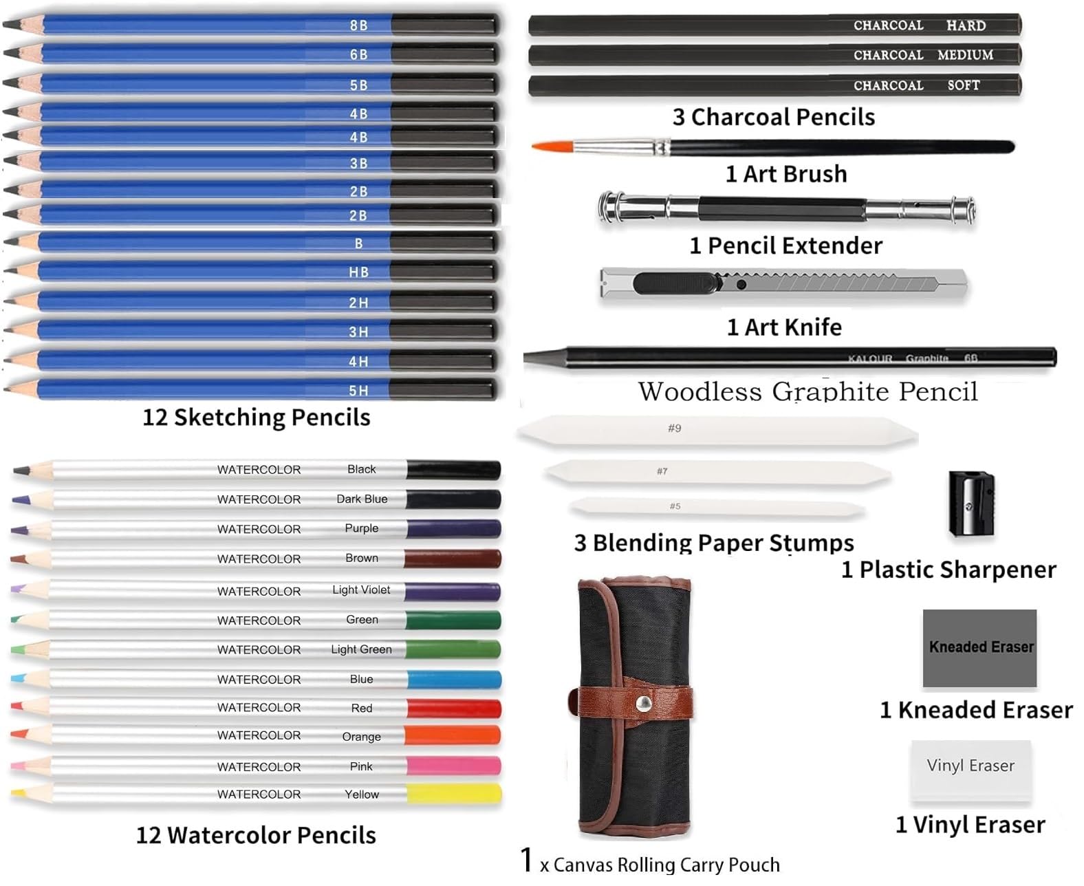 Corslet 39-teiliges Zeichenstifte-Set, Malset mit Skizzenstift, Aquarell-Buntstifte-Set, Kohlestifte für Künstler, Radiergummi, Kunstbedarf für
