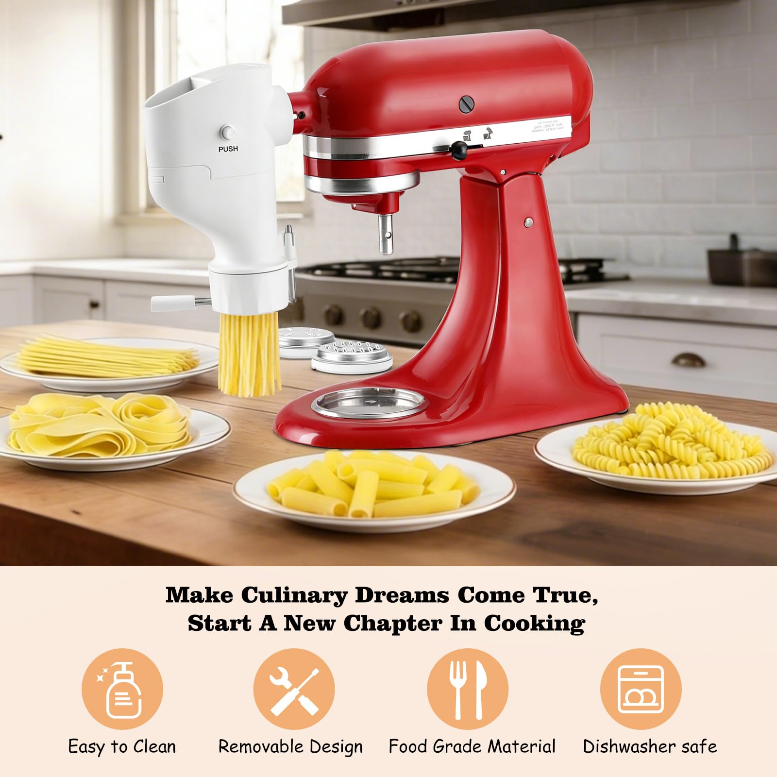 Gourmet Nasadka do makaronu do robotów kuchennych KitchenAid – nasadka do wyciskania makaronu do miksera KitchenAid z 7 wymiennymi płytami (aktualizacja)