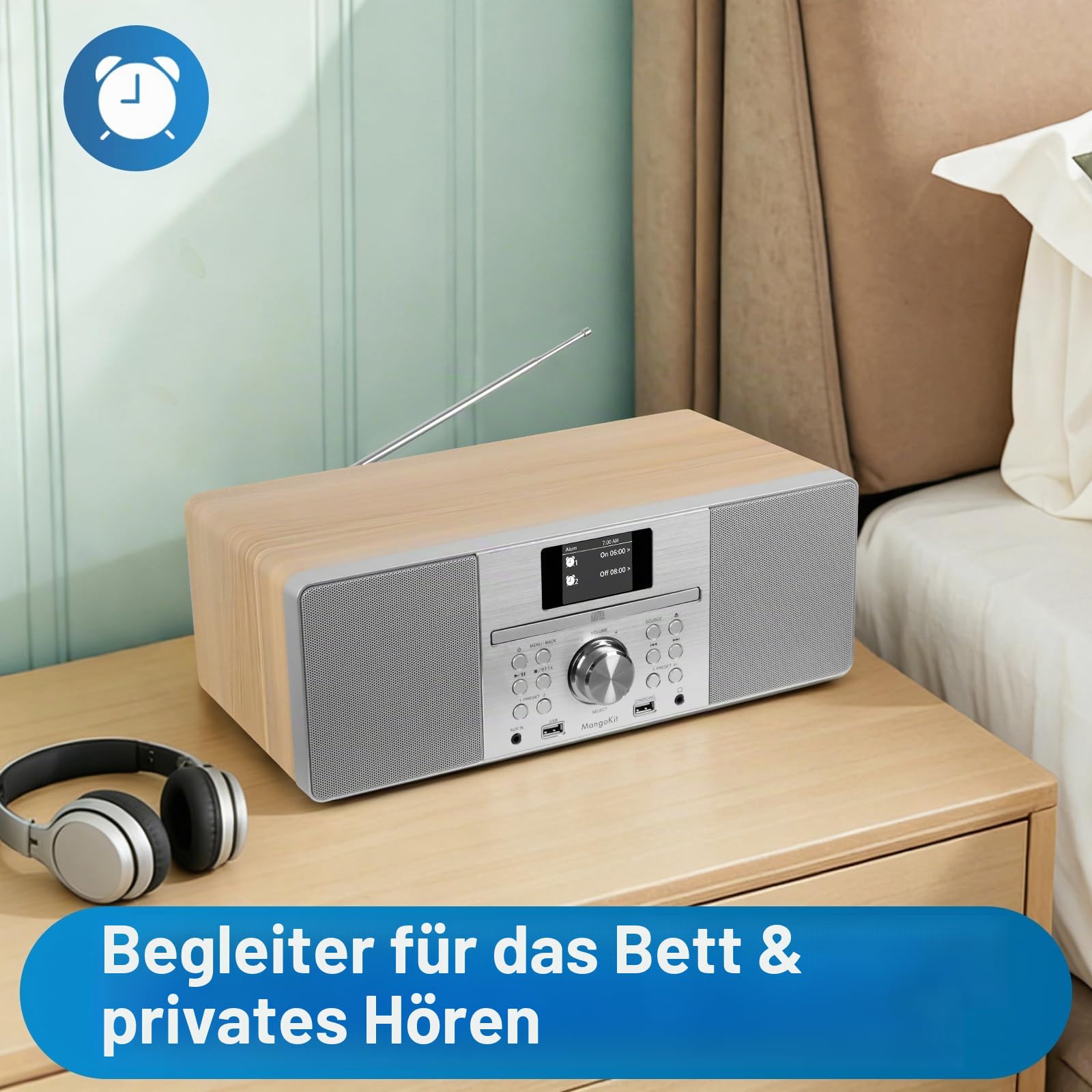 MS1 CD Player,DAB/DAB+und UKW Radio, Bluetooth, leistungsstarkem Stereo-HiFi-System,Farbdisplay,60 Speicherplätzen, Fernbedienung, Gehäuse aus Akustikholz, AUX In, USB Wiedergabe & Aufladungn