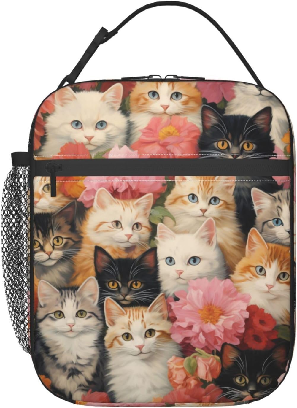 Reusable Floral Cat Lunch Box for Kids, Insulated Cute Kitten Flower Bag,Polyester Cooler Pet Lovers Handbags Case for School Work Picnic Travel Beach or Hiking, Gifts