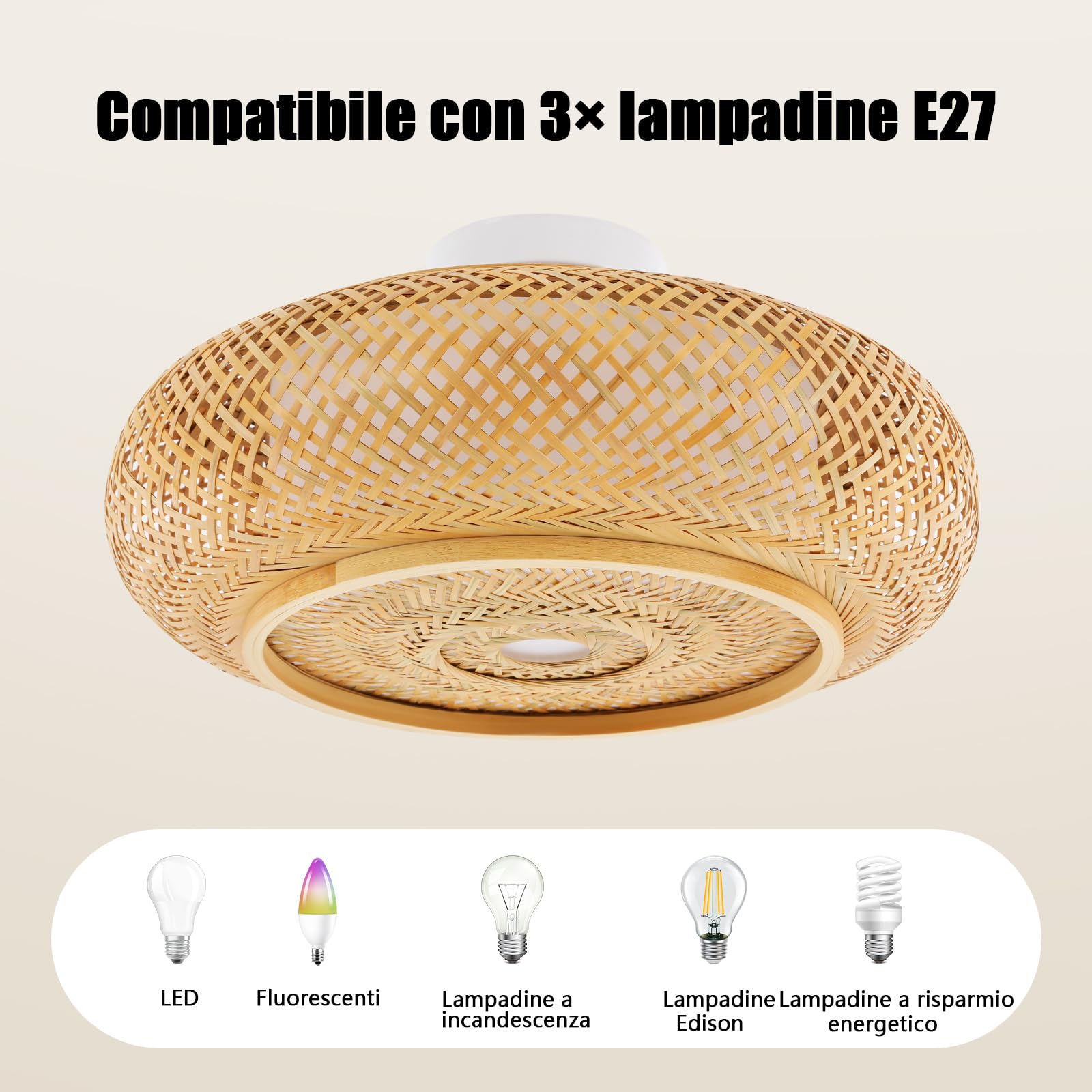 Lampada da soffitto in bambù, stile retrò, 3 luci, per corridoio, boho, tessuto a mano, in legno, 40 x 14 cm, lampada a sospensione in rattan per LED/lampadina/lampada fluorescente