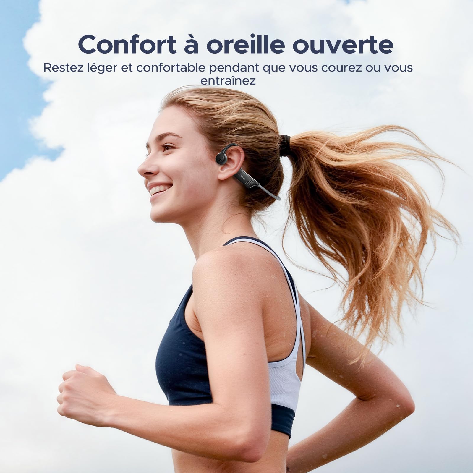 Casque Conduction Osseuse Bluetooth, Design Ouvert Oreilles Libres, IP66 Étanche 10h d'Autonomie Léger 25g, Ecouteur Conduction Osseuse Sport pour Course, Vélo et Entraînement - Noir