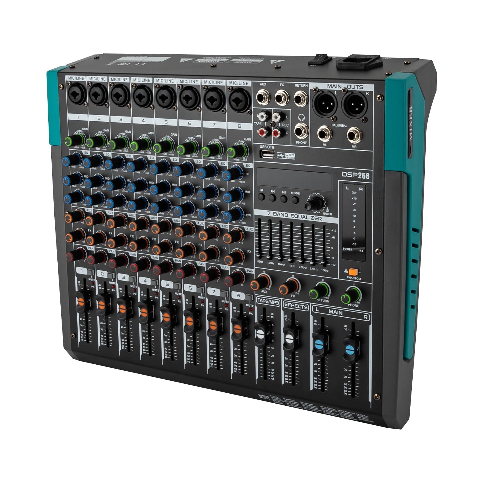 Professional Audio Mischpult 8-Kanal, Audio Mixer Soundboard Console Desk System Interface USB Bluetooth MP3 Computer Input 48V Phantomspeisung Built-in 256 Reverb Effect