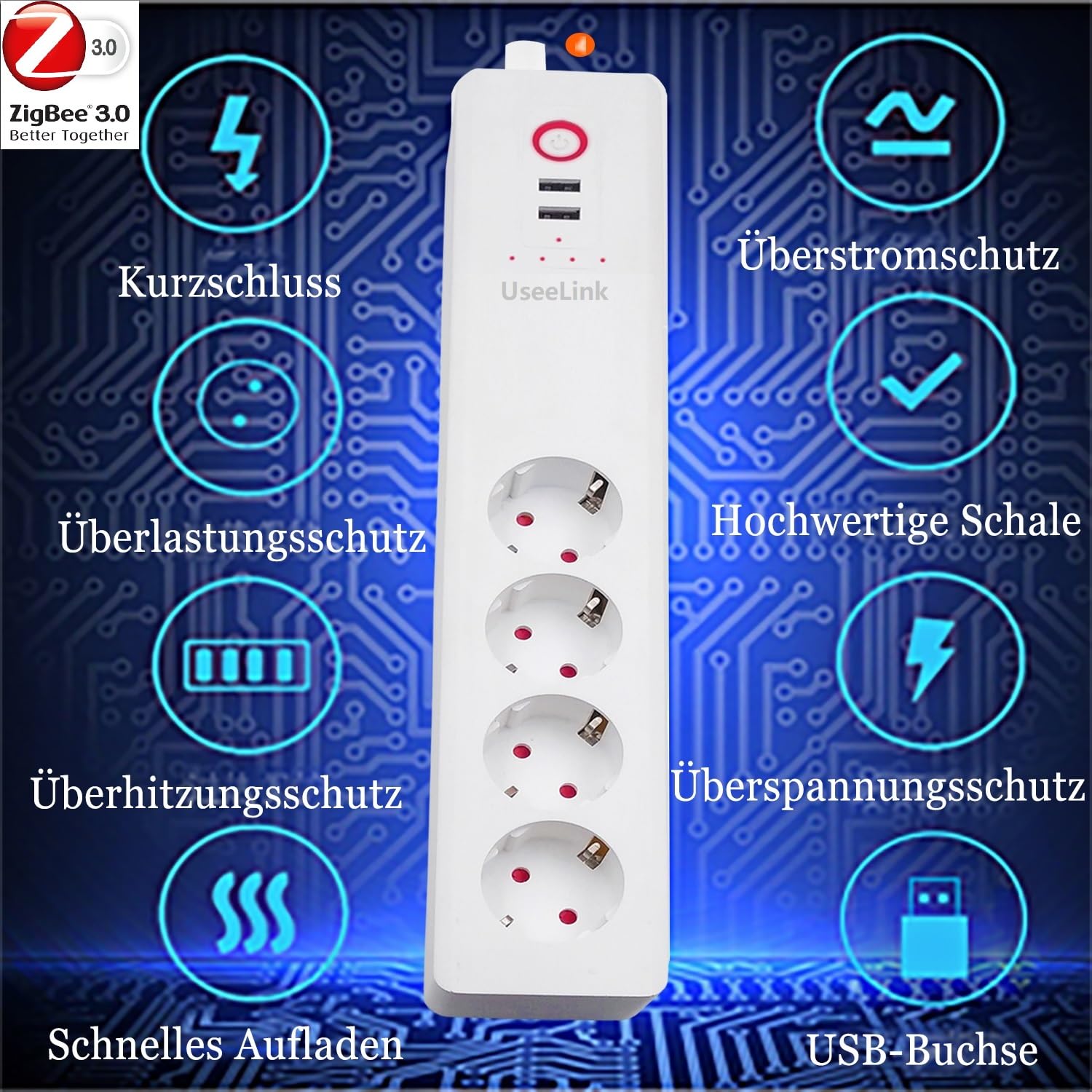 UseeLink Zigbee Steckdosenleiste,16A 4 Steckdosen 1 USB A/2 Typ-C(Schnellladen) Mehrfachsteckdose mit Überspannungsschutz, Alexa,Google Home, ZHA,2MQTT