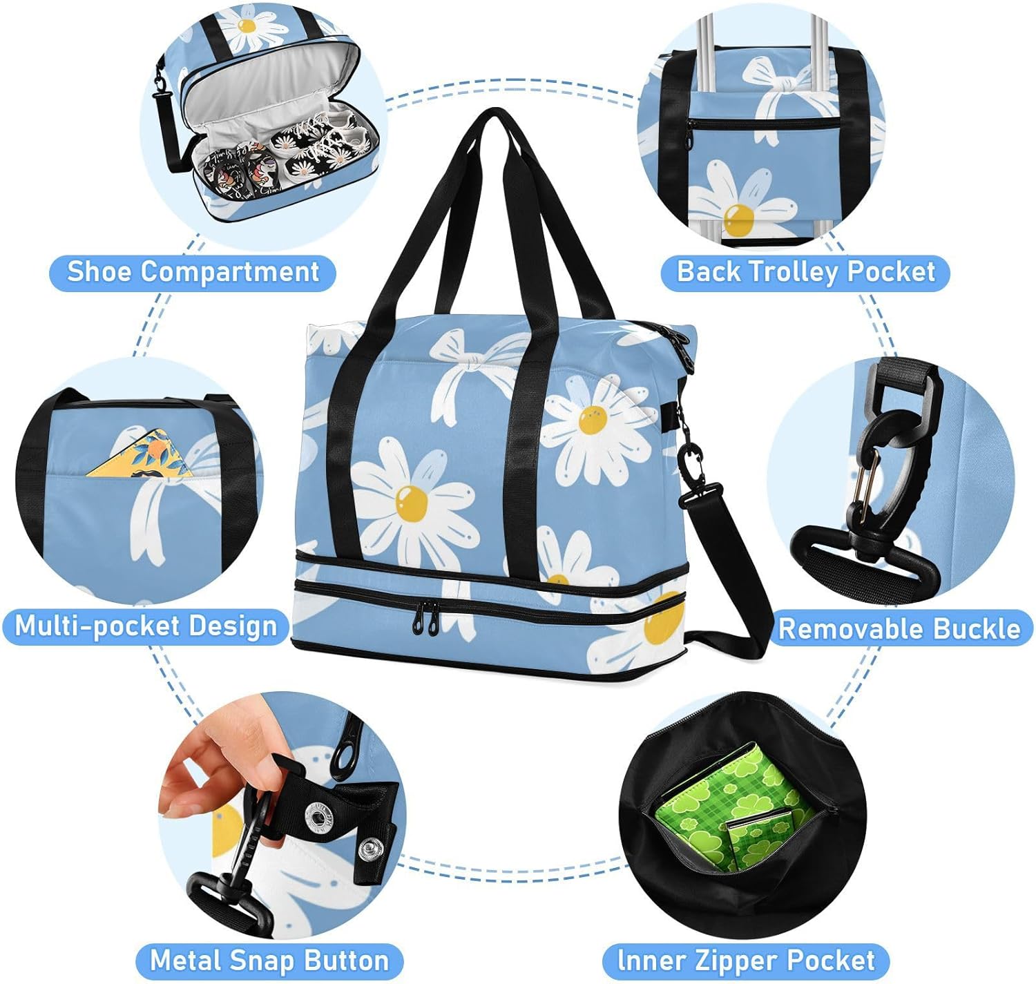 Blue Background with A White Daisies Pattern Sports Gym Bag Overnight Carry On Tote and Luggage with Toiletry Bag for Workout 2 Pcs Set