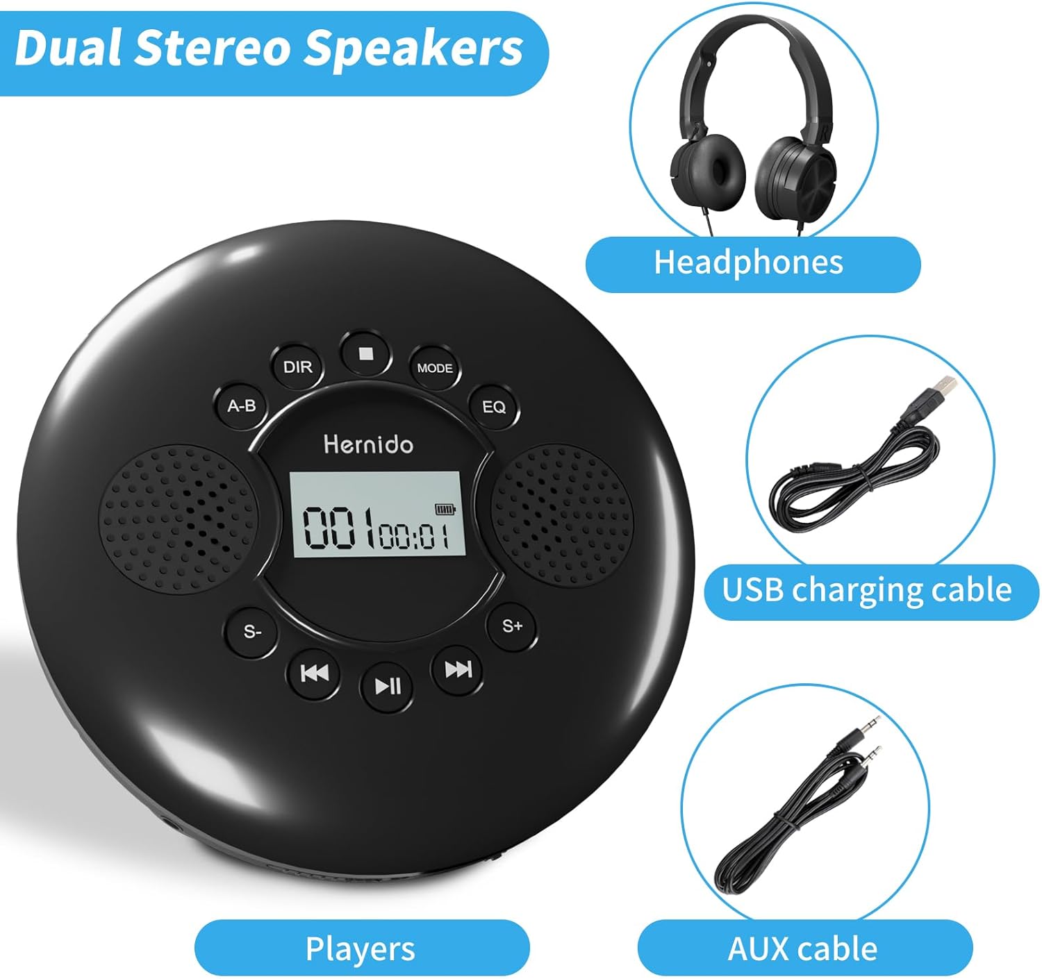 CD Player Portable, Hernido Portable CD Player for Car with Stereo Speakers, Rechargeable Walkman CD Player with Headphone, AUX, USB, Anti-Skip/Shockproof Discman for Home/Traval