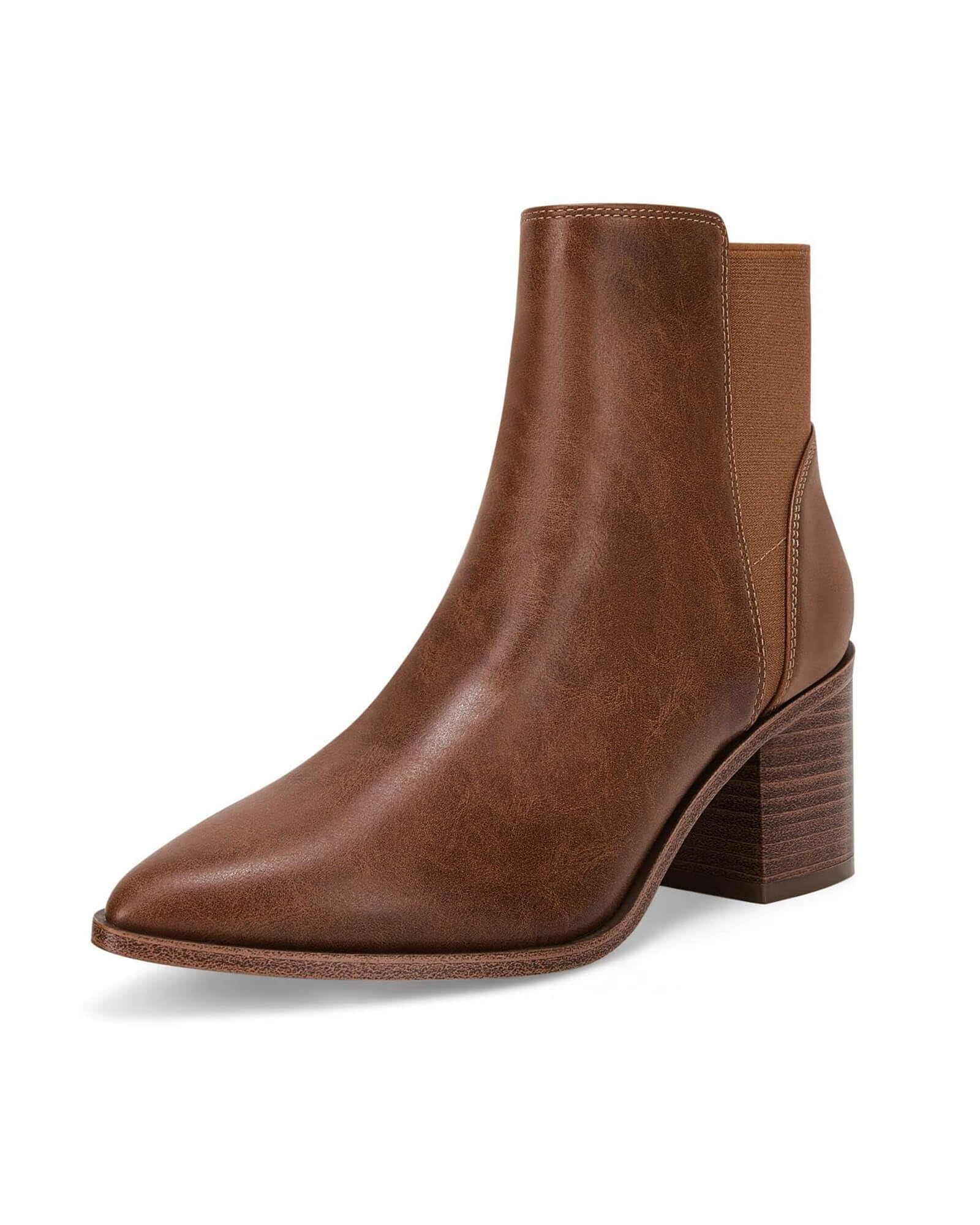 Coutgo Womens Pointed Toe Ankle Boots Elastic Chunky Block Stacked Mid Heel Slip On Chelsea Booties
