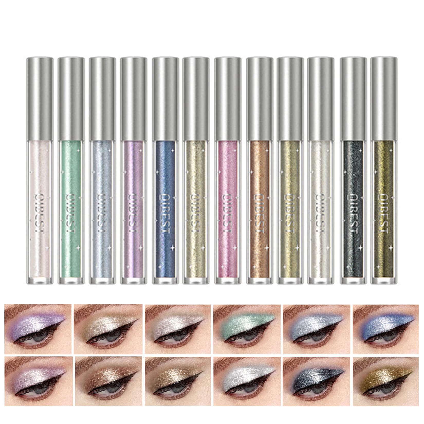 Sombras De Ojos Brillantes, MKNZOME 12 Colores Kit Maquillaje Sombra de Ojos Liquida Brillo Diamante Sombra de Ojos Larga Duración Impermeable Alto Pigmento para Mujer Niñas