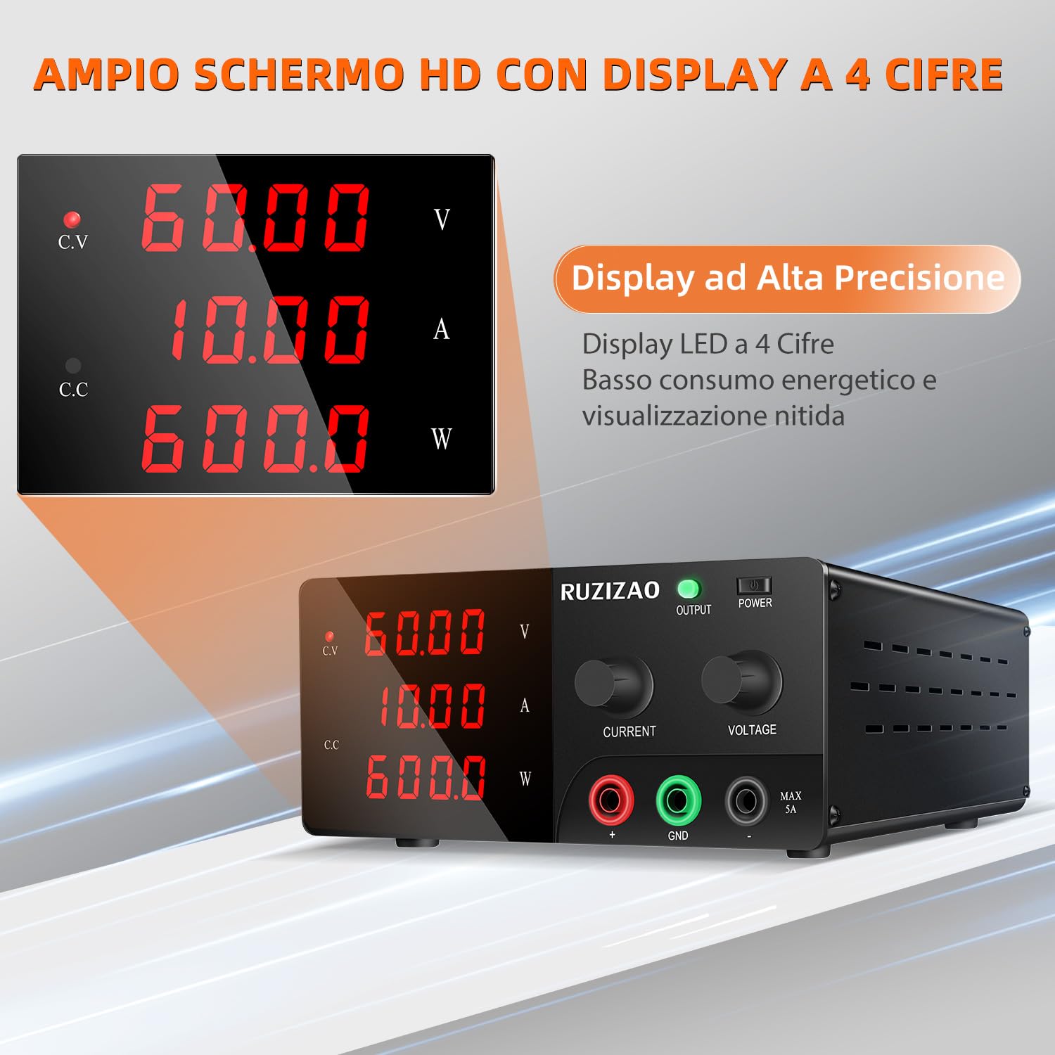 Alimentatore da Banco 60V 10A 600W Alta Potenza Alimentatore da Laboratorio Regolabile con OUTPUT/Encoder, Alimentatore Stabilizzato con Display LED a 4 Cifre e Uscita Stabile per Elettronica