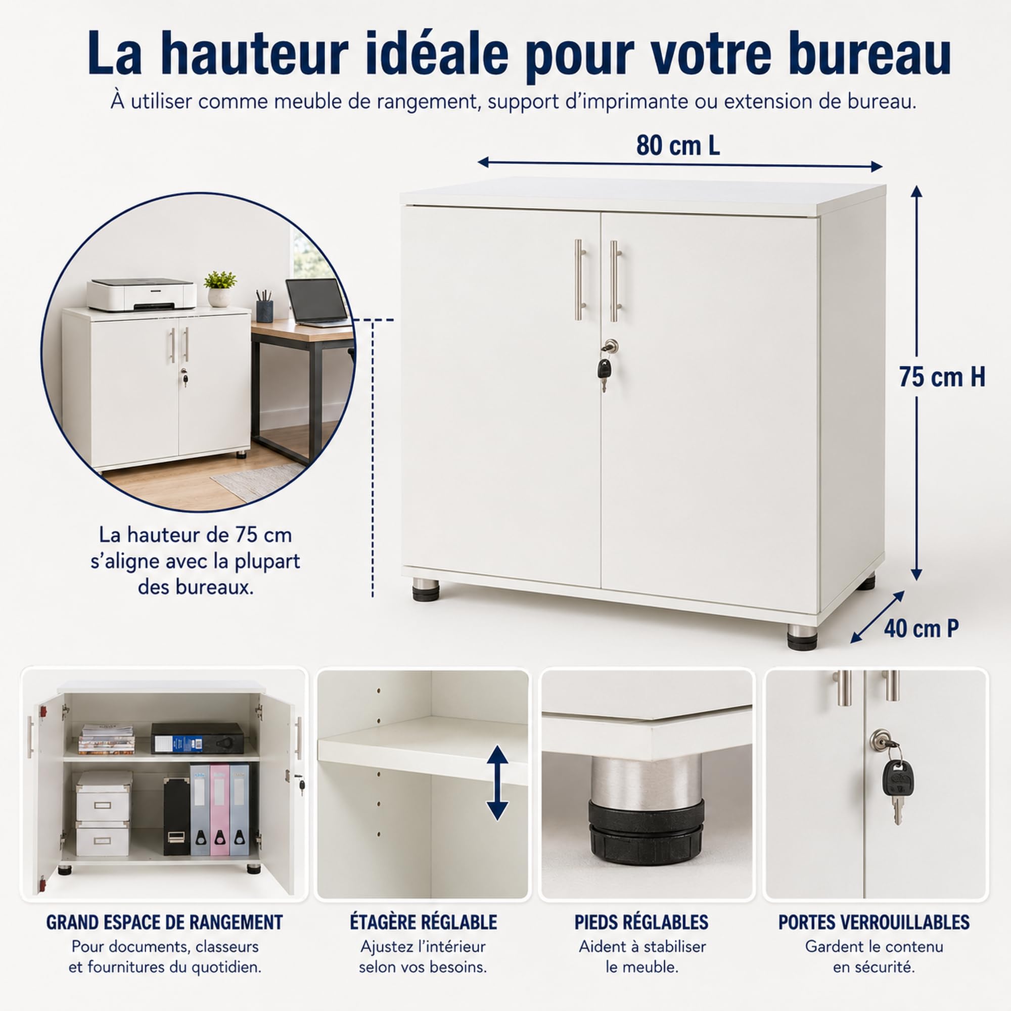 Armoire de Rangement de Bureau avec 2 Portes Blanc Hauteur 73 cm