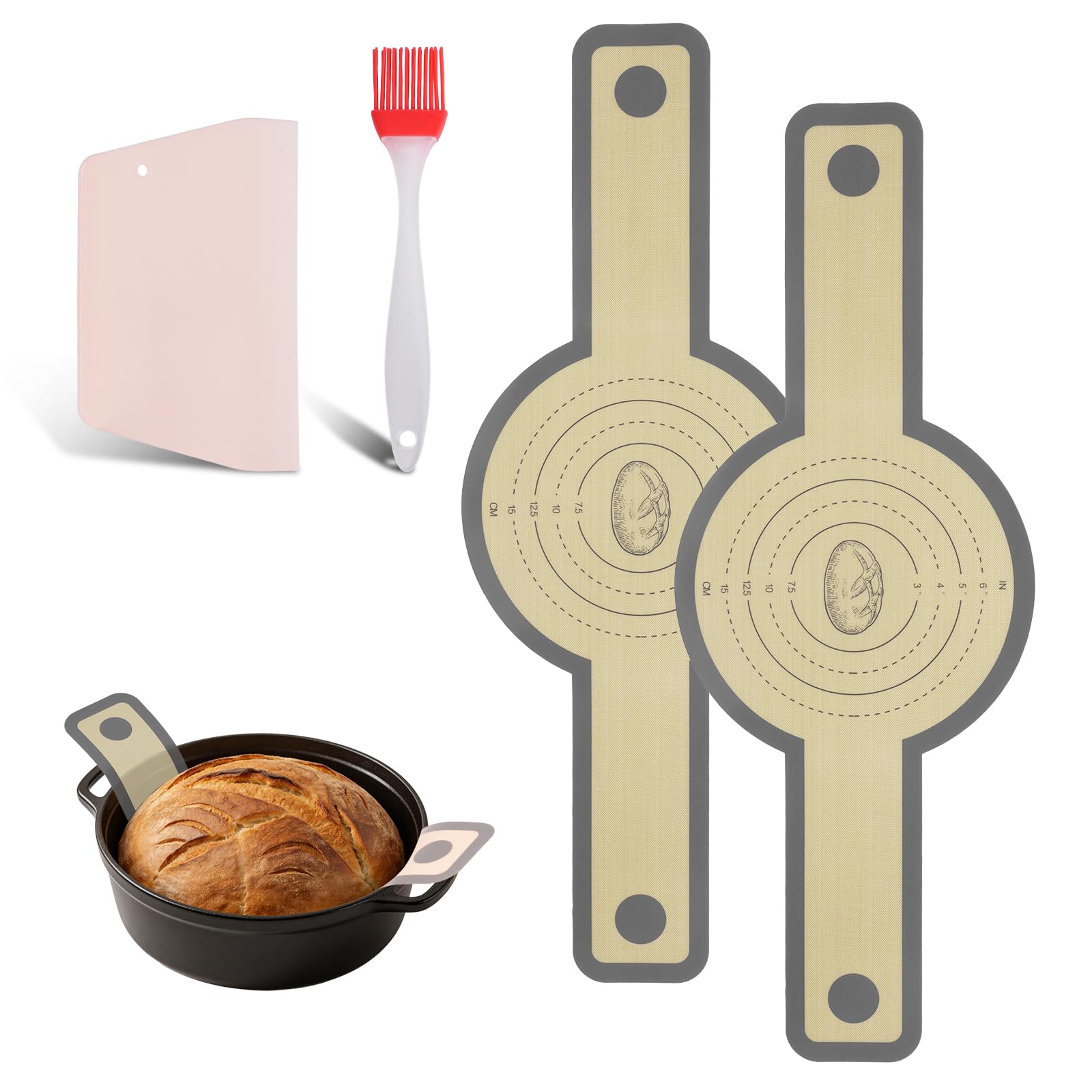 OSDUE Silicone Bread Sling for Dutch Oven, 2PCS Non-Stick Reusable Baking Mat with Extra Long Handles, Heat Resistant Bread Making Accessories for Transferring Sourdough Baking (Gray)