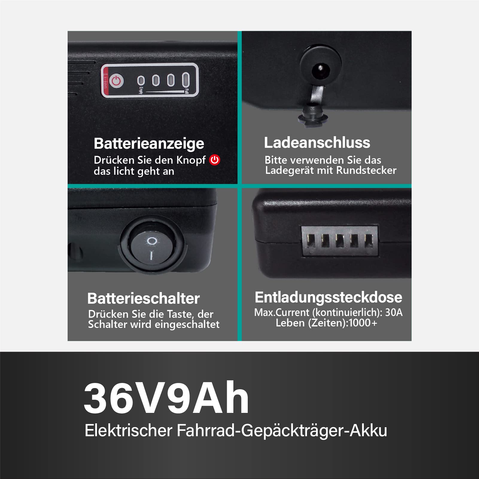 Z ładowarką do roweru elektrycznego, akumulator 36 V, 9 Ah, akumulator zapasowy do roweru elektrycznego, akumulator litowy, pasuje do systemu napędowego Bafang lub Ansmann (36V9Ah)