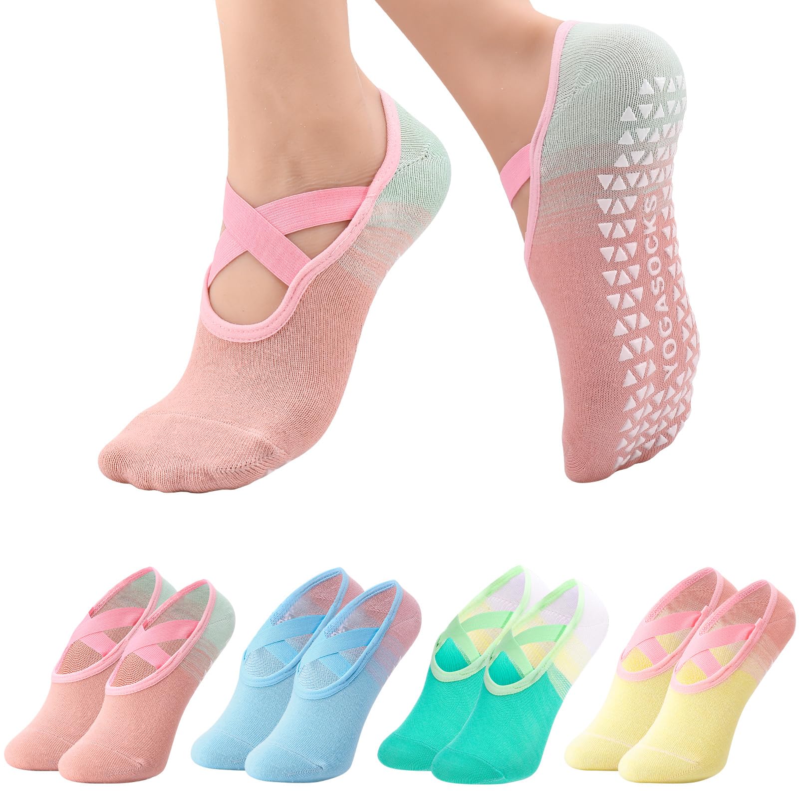 Utensilsto 4 Paar Pilates Socken Rutschfeste Yoga Socken mit Noppen,35-38 Gradient Anti Rutsch Socken für Ballett Tanzen Trampolin Gymnastik Fitness