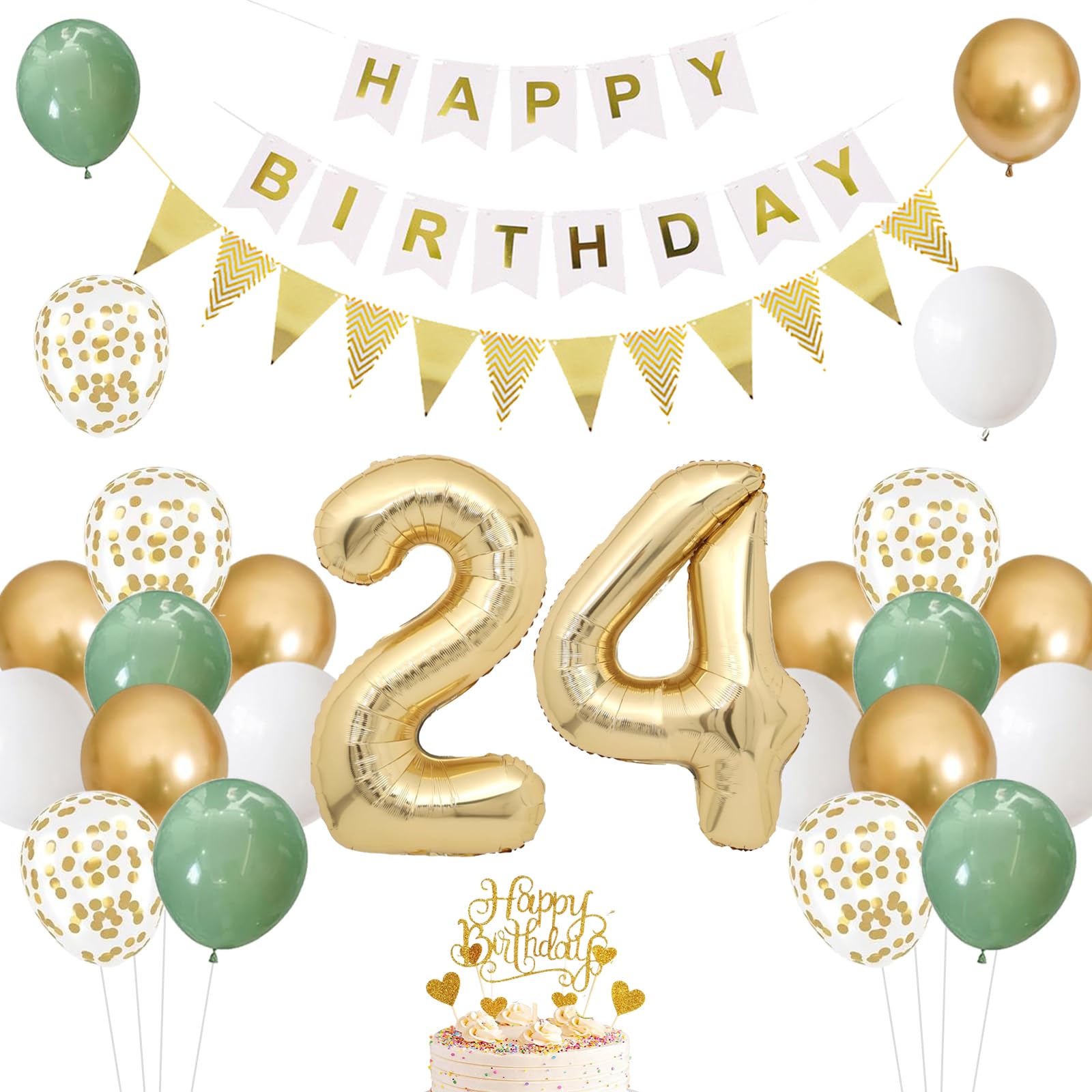 24th Birthday Decoration, 24th Birthday Woman Sage Green Gold, Birthday Decoration 24 Years Woman, Balloons 24th Birthday Happy Birthday Garland Balloon 24 Decoration for Birthday, Birthday Decoration
