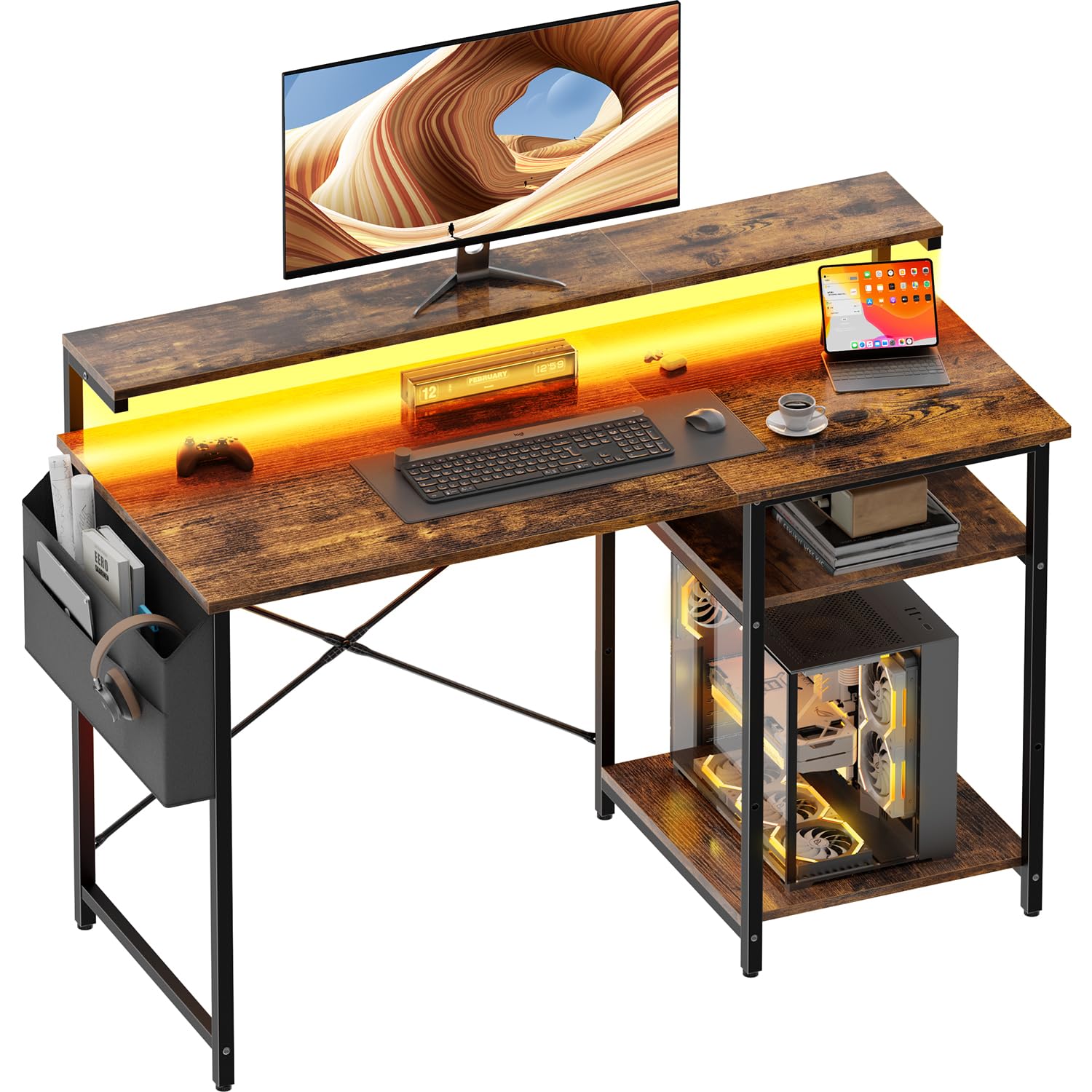 DLONGONE Gaming Desk with LED Lights and Adjustable Monitor Stand, 100x48cm — image 1