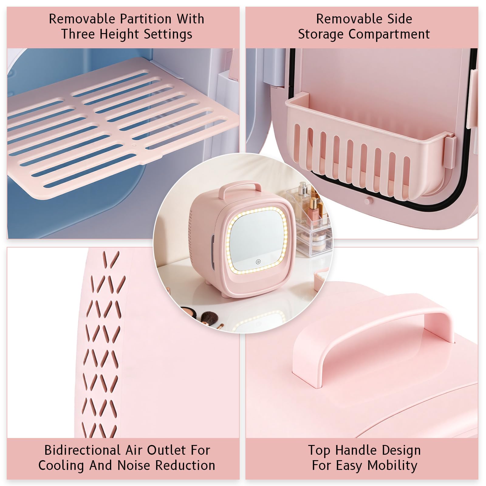 Mini Réfrigérateur 6L, Mini Frigo Cosmétique avec Miroir LED, Portable Thermoelectrique Chauffe & Refroidisseur, AC/DC pour Chambre, Soins de la Peau, Boissons, Bureau, Dortoir et Voiture (Rose)