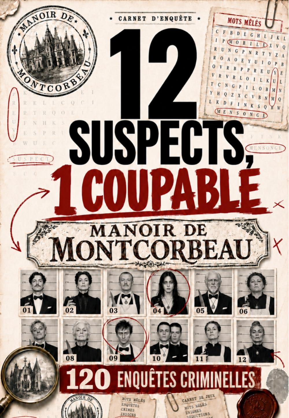 12 SUSPECTS, 1 COUPABLE: 120 Énigmes et Enquêtes Criminelles en Mots Mêlés au Manoir Montcorbeau