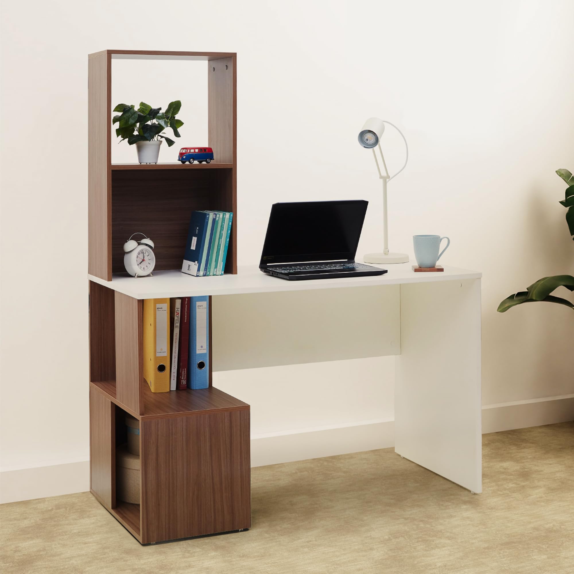 green soul vermont study table | 3 year warranty | writing, computer desk for students, professionals | engineered wood | walnut brown and white | wide surface top, 4 shelves| installation provided